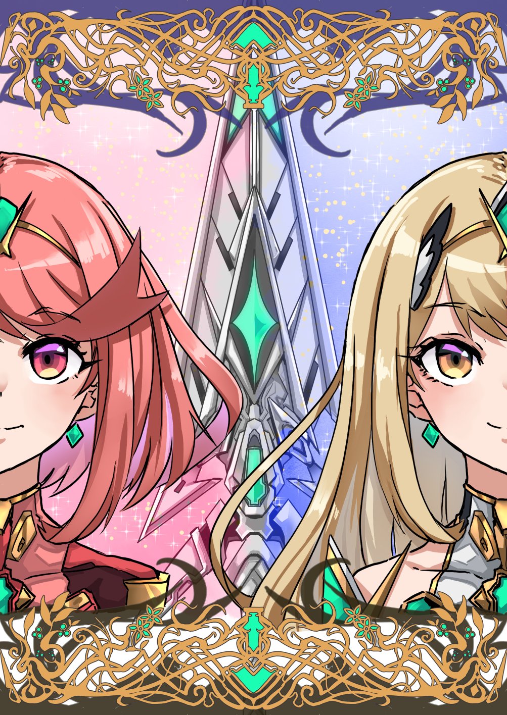sofusan1526, mythra (xenoblade), pyra (xenoblade), xenoblade chronicles (series), xenoblade chronicles 2, commentary request, highres, 2girls, aegis sword (xenoblade), blonde hair, bob cut, border, closed mouth, long hair, medium hair, multiple girls, ornate border, red eyes, red hair, smile, tiara, yellow eyes