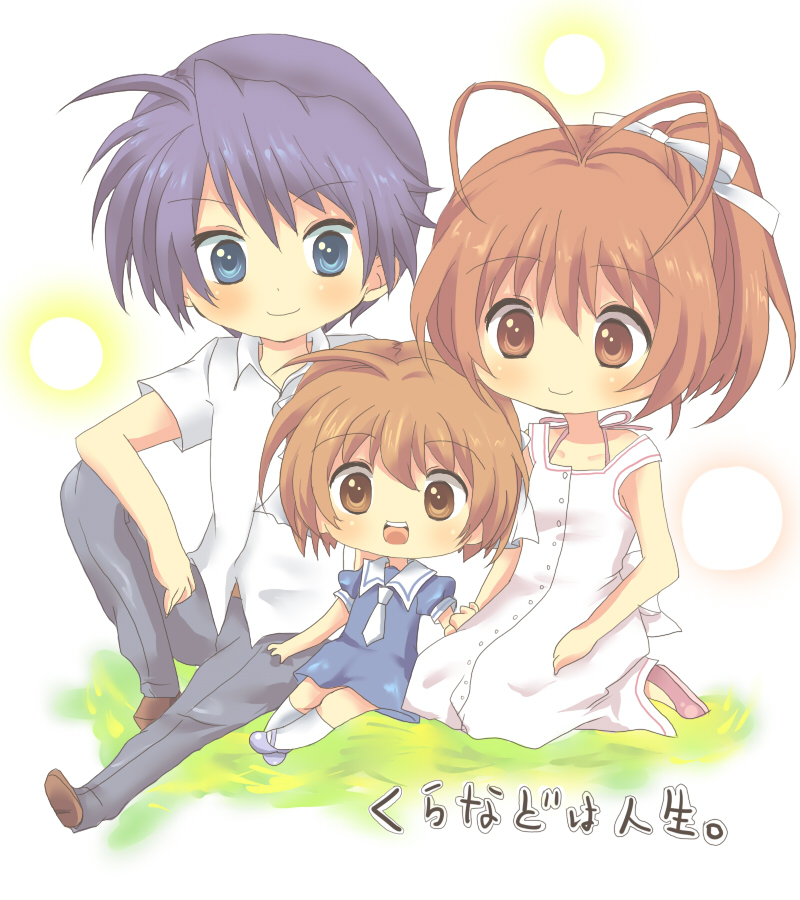 imo mushi, furukawa nagisa, okazaki tomoya, okazaki ushio, clannad, translated, 00s, antenna hair, blue eyes, blue hair, brown eyes, brown hair, chibi, family, school uniform, short hair