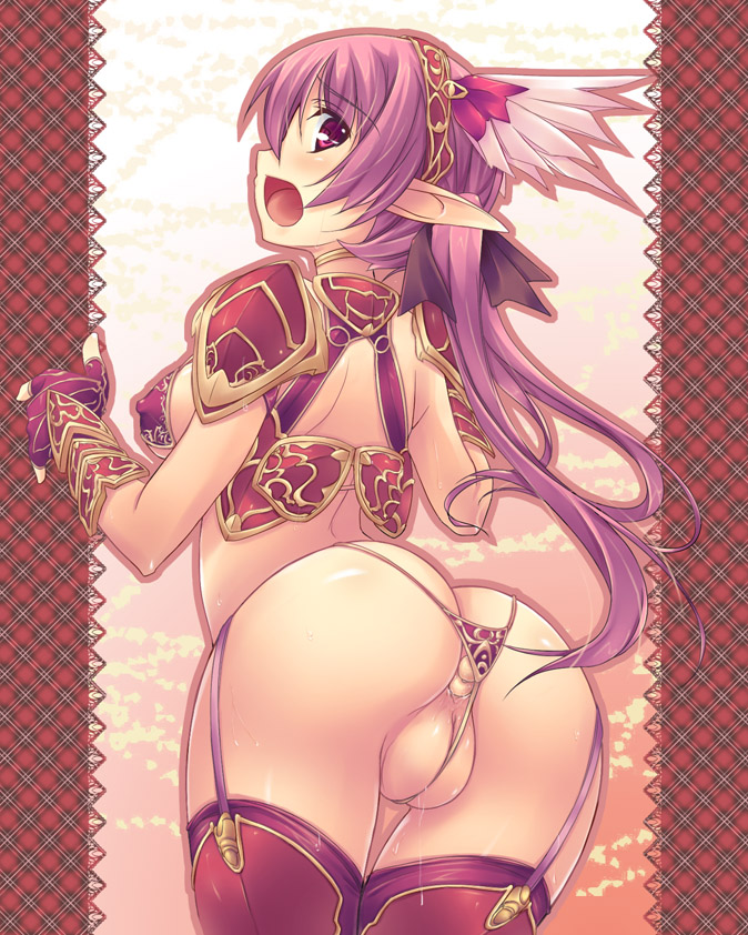 shimakaze (soundz of bell), 1girl, anal, anal beads, armor, breasts, cleft of venus, covered erect nipples, elf, fat mons, female focus, fingerless gloves, g-string, garter belt, garter straps, gloves, long hair, panties, pointy ears, purple hair, pussy, pussy juice, pussy peek, sex toy, sideboob, solo, thighhighs, thong, uncensored, underwear, wedgie