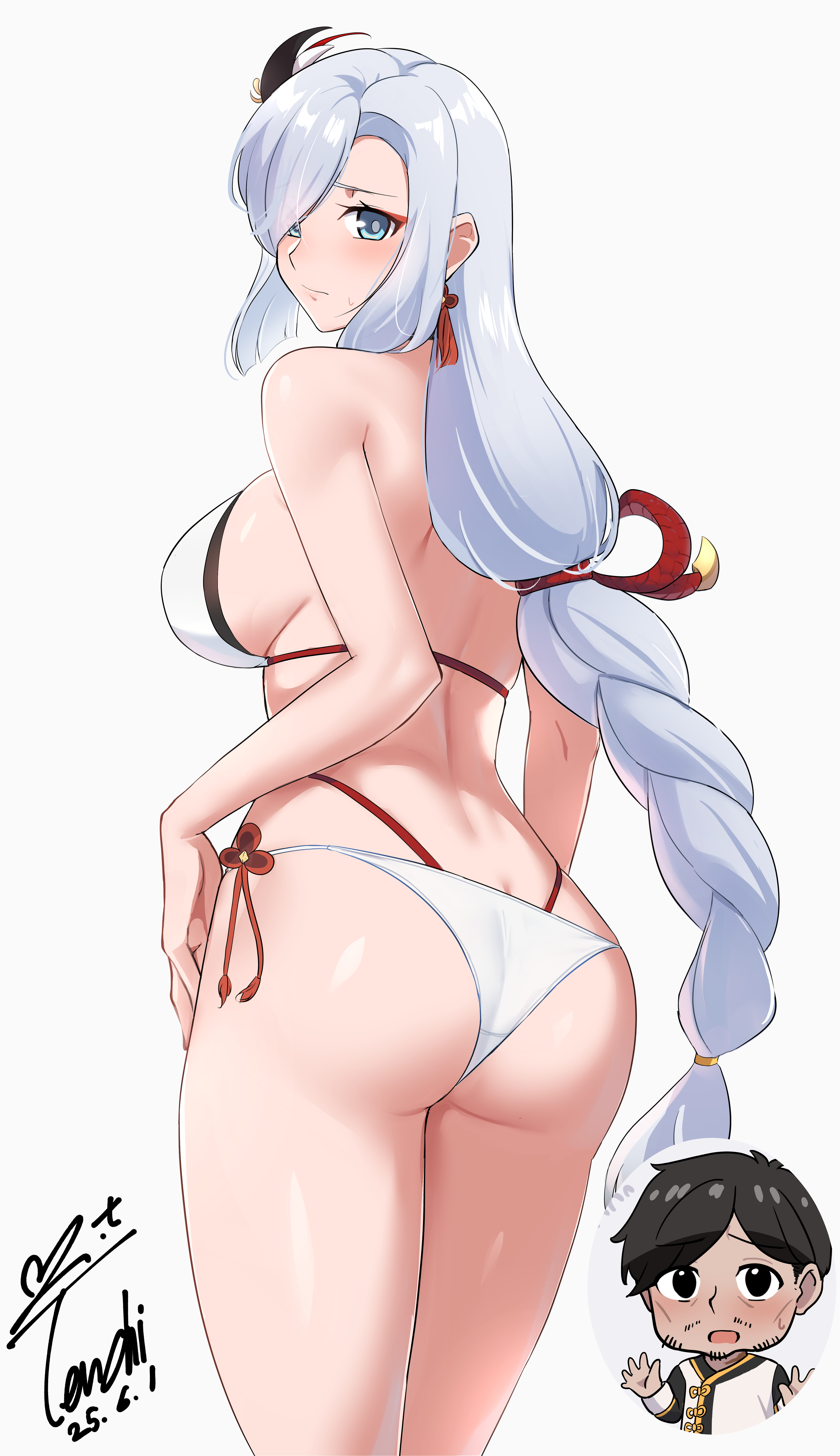 yoo tenchi, shenhe (genshin impact), genshin impact, absurdres, commentary request, commission, highres, korean commentary, pixiv commission, second-party source, 1boy, 1girl, ass, bikini, black choker, blue eyes, braid, braided ponytail, breasts, choker, closed mouth, cowboy shot, dated, earrings, from behind, hair ornament, jewelry, large breasts, long hair, looking at viewer, looking back, multiple views, side-tie bikini bottom, signature, simple background, stomach, string bikini, swimsuit, tassel, tassel earrings, very long hair, white background, white bikini, white hair