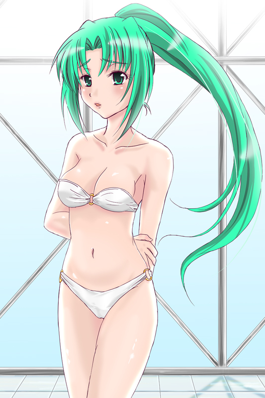 somami, sonozaki mion, higurashi no naku koro ni, bad id, bad pixiv id, 00s, bikini, green eyes, green hair, long hair, ponytail, solo, swimsuit, white bikini