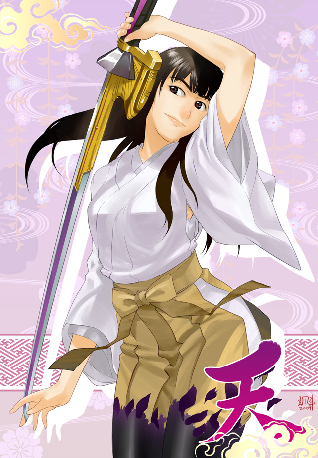 naoto satta, satta naoto, shiraishi mako, samurai sentai shinkenger, super sentai, 1girl, animification, black hair, breasts, female focus, henshin, japanese clothes, japanese text, long hair, miko, pantyhose, solo, sword, torn clothes, weapon