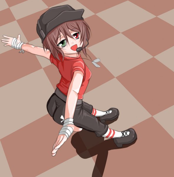 red scout (tf2), scout (tf2), souseiseki, rozen maiden, team fortress 2, 00s, bandages, brown hair, cosplay, crossover, heterochromia, short hair, solo, the scout (cosplay)