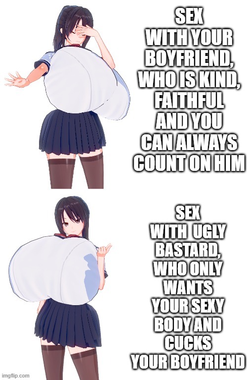 ayano aishi, yandere simulator, big breasts, koikatsu (medium), ass, breasts, cheating (relationship), closed eyes, different poses, disgust, drake meme, facepalm, gigantic breasts, gigantic thighs, huge ass, huge breasts, looking at viewer, meme, meme pose, meme reference, netorare, school uniform, smile, smile at viewer, thick thighs, thighs, ugly bastard, unfaithful