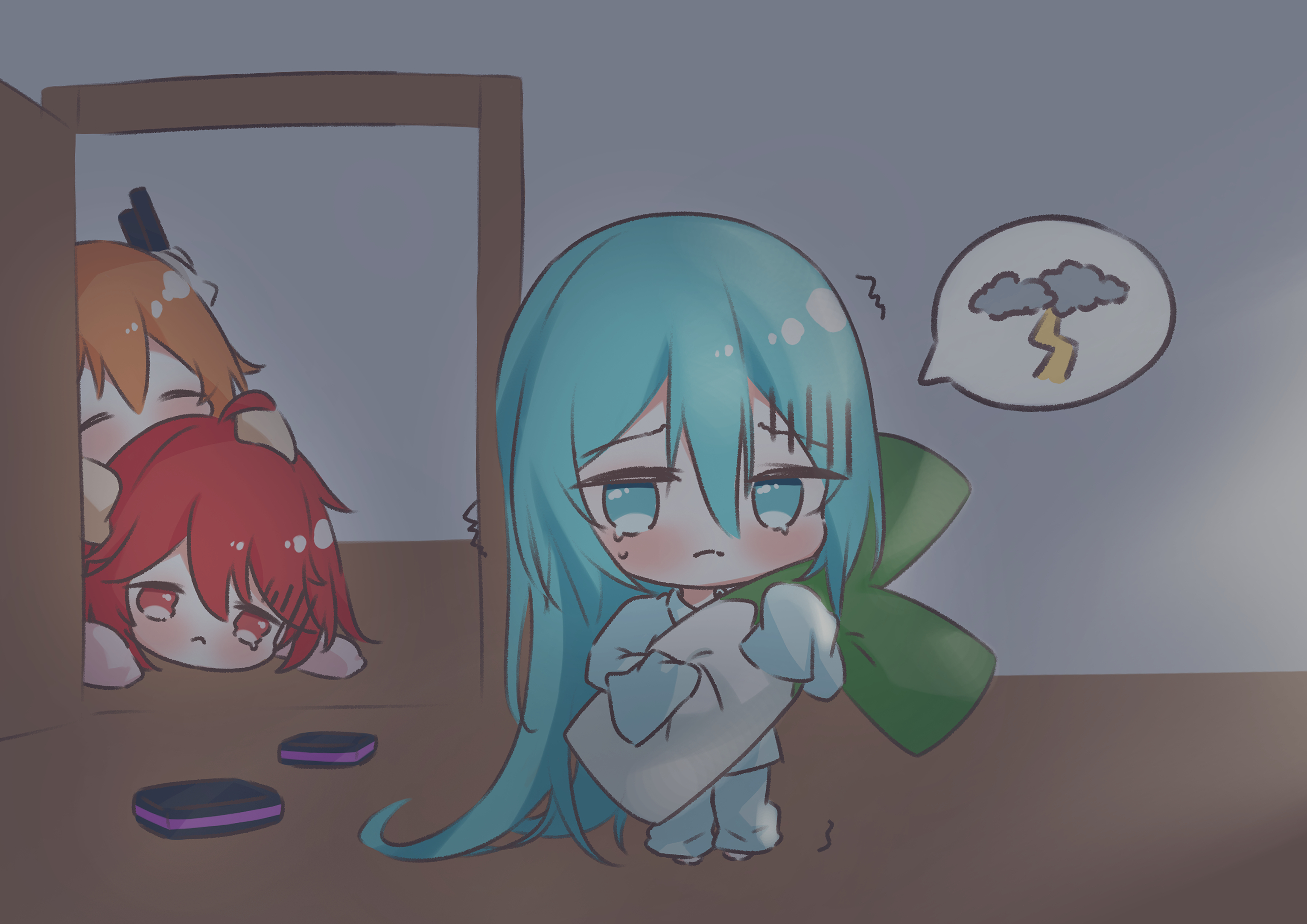 cott (cott 5), adachi rei, hatsune miku, kasane teto, a.i. voice, utau, vocaloid, highres, 3girls, aqua eyes, aqua hair, closed eyes, closed mouth, crying, crying with eyes open, hair down, hair ornament, holding, holding stuffed toy, indoors, long hair, looking at viewer, lying, multiple girls, night, orange hair, red eyes, red hair, sleeves past fingers, sleeves past wrists, speech bubble, spring onion, standing, stuffed spring onion, stuffed toy, tears, thunderstorm, trembling, unworn hair ornament, very long hair