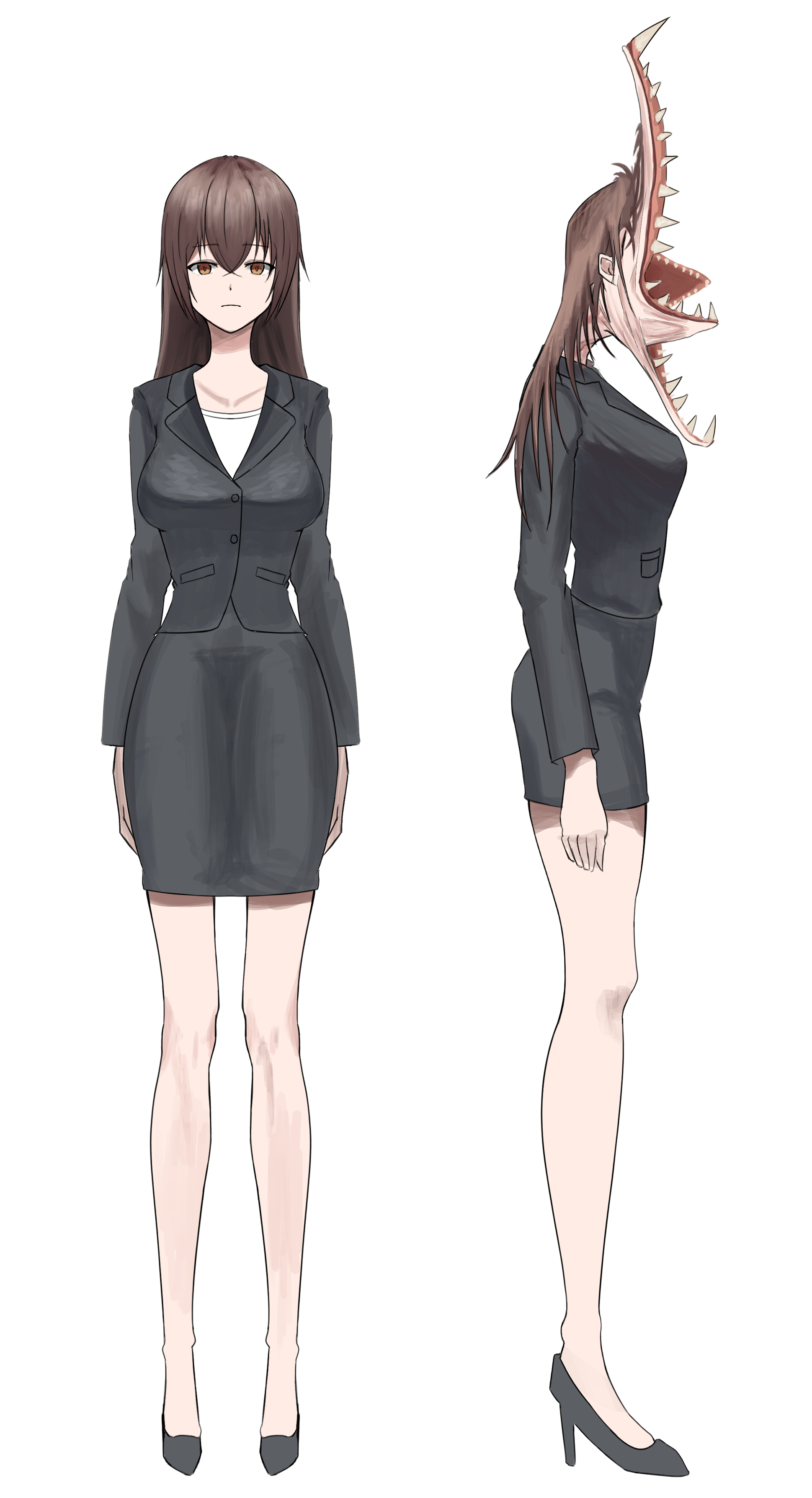 absurdres, artist request, highres, tagme, 1girl, breasts, expressionless, large breasts, office lady, parasite, skirt