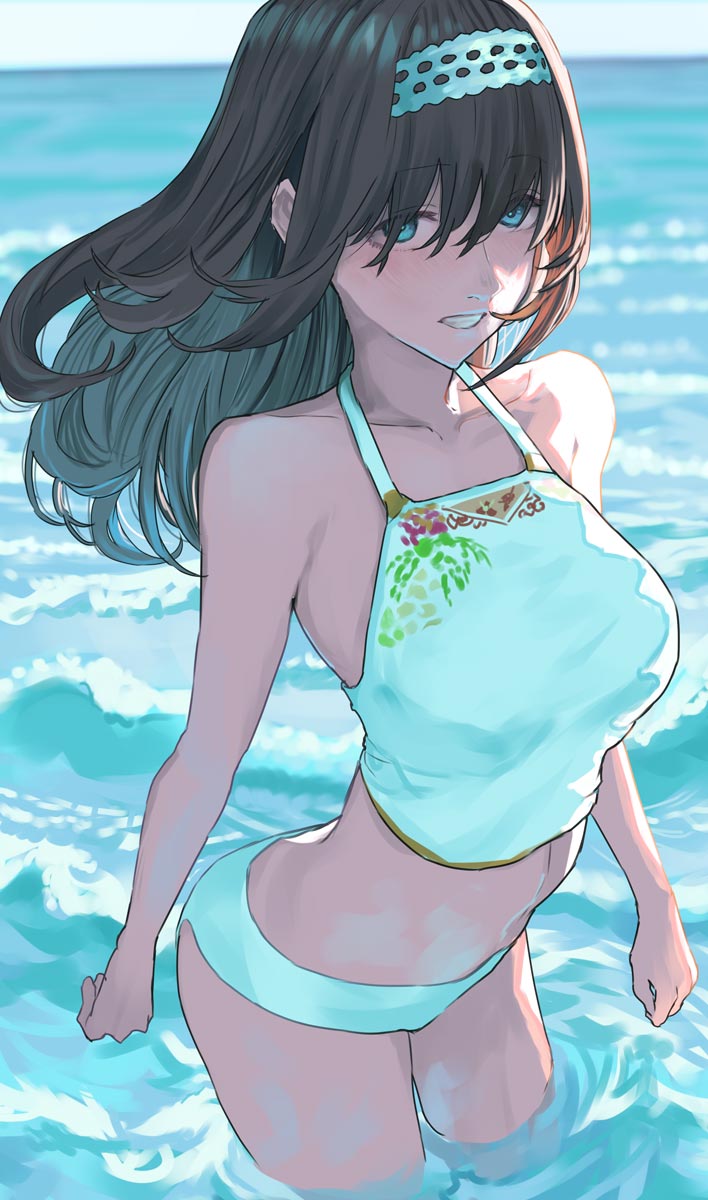 sawarakajin, sagisawa fumika, idolmaster, idolmaster cinderella girls, tagme, 1girl, bikini, looking at viewer, ocean, smile, swimsuit, teeth, water