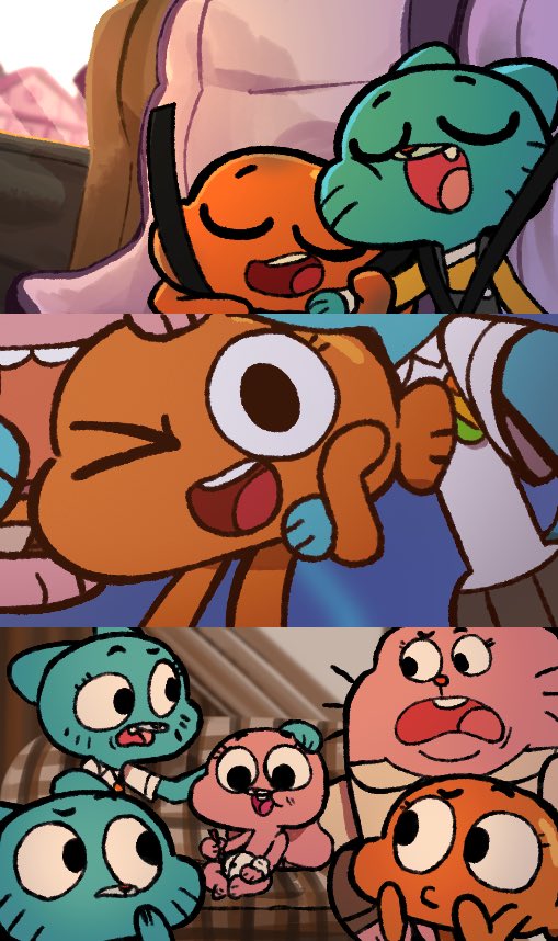 anais watterson, darwin watterson, gumball watterson, nicole watterson, richard watterson, cartoon network, the amazing world of gumball, non-web source, 3boys, baby, brothers, can't be this cute, car, cat, couch, family, fish, mother and daughter, mother and son, motor vehicle, multiple boys, on couch, rabbit, siblings, toon (style)