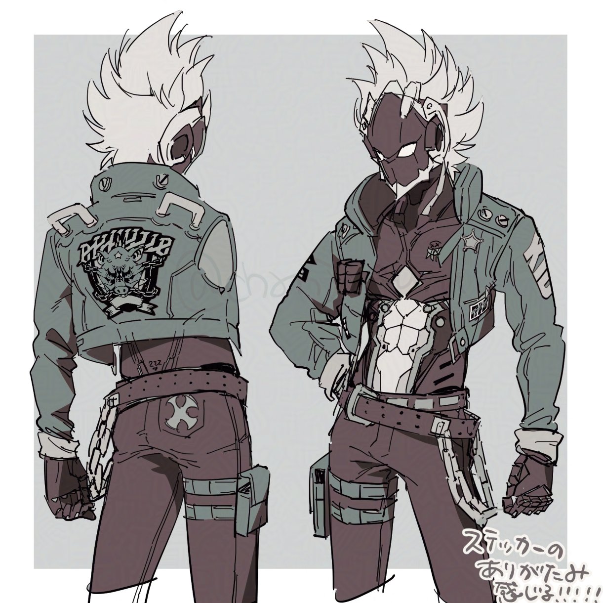 billy kid, zenless zone zero, commentary request, highres, translation request, belt, chain, chanjaguru, collarbone, collared jacket, cropped jacket, cyborg, jacket, long sleeves, multiple belts, multiple views, pants, popped collar, pouch, sheriff badge, sleeve cuffs, thigh pouch, white hair