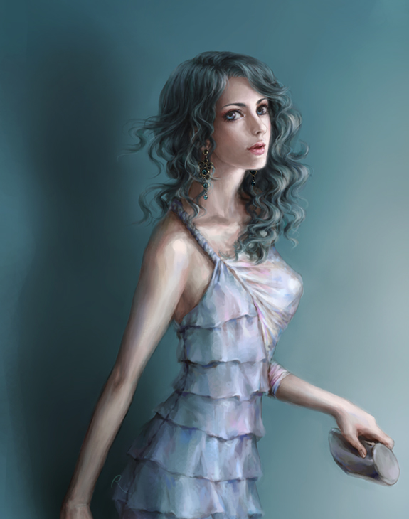 nanar, original, 1girl, bag, curly hair, dress, earrings, female focus, handbag, jewelry, realistic, solo