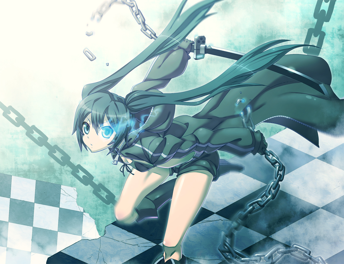 is ii, black rock shooter (character), black rock shooter, vocaloid, bad id, bad pixiv id, 10s, 1girl, belt, bikini, bikini top only, black hair, blue eyes, boots, chain, female focus, hood, hoodie, katana, long hair, midriff, shorts, solo, swimsuit, sword, twintails, weapon