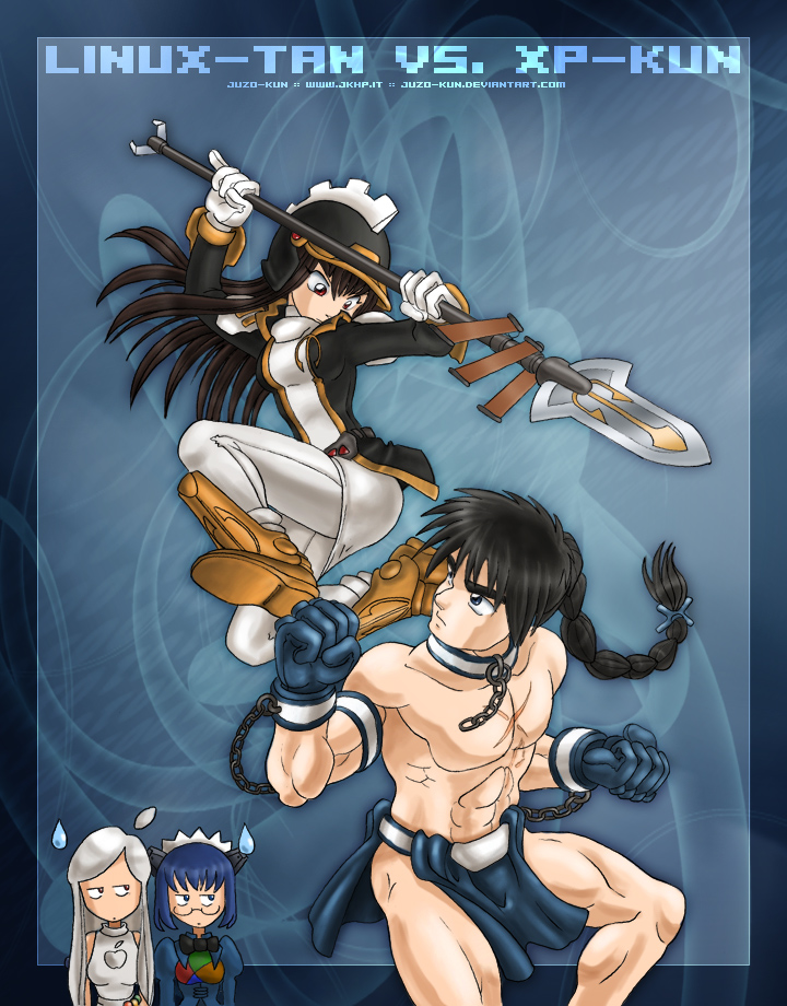 juzo-kun, 2k-tan, osx, linux, os-tan, gender request, 1boy, braid, brown hair, genderswap, gloves, loincloth, long hair, polearm, scar, spear, watermark, weapon