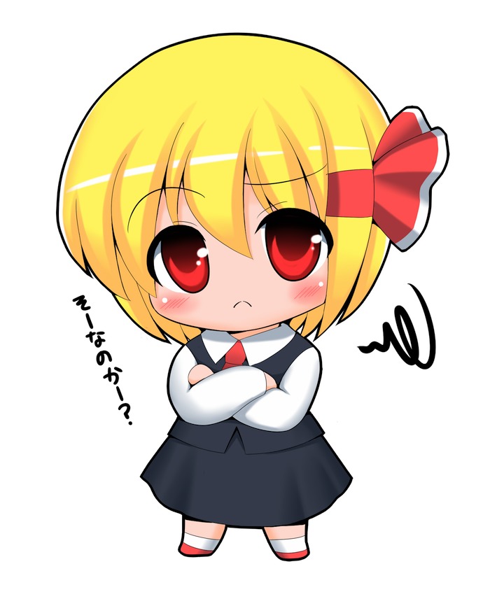 kyokutou hentai samurai, rumia, embodiment of scarlet devil, touhou, bad id, bad pixiv id, translated, 1girl, blonde hair, chibi, crossed arms, female focus, hair ribbon, is that so, red eyes, ribbon, short hair, solo, squiggle