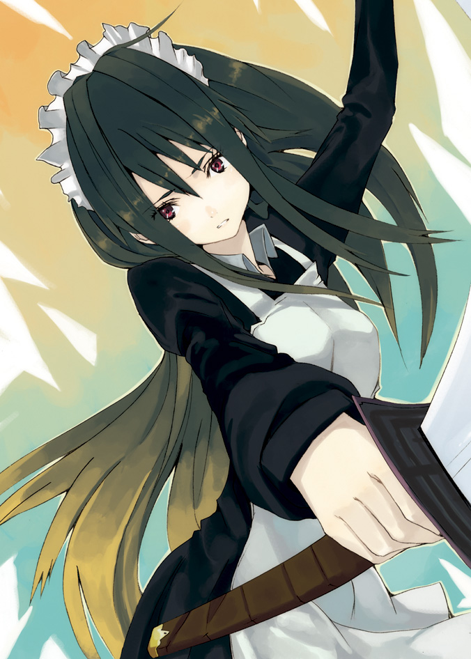 hrd, combat maid, green hair, katana, long hair, maid, red eyes, solo, sword, weapon