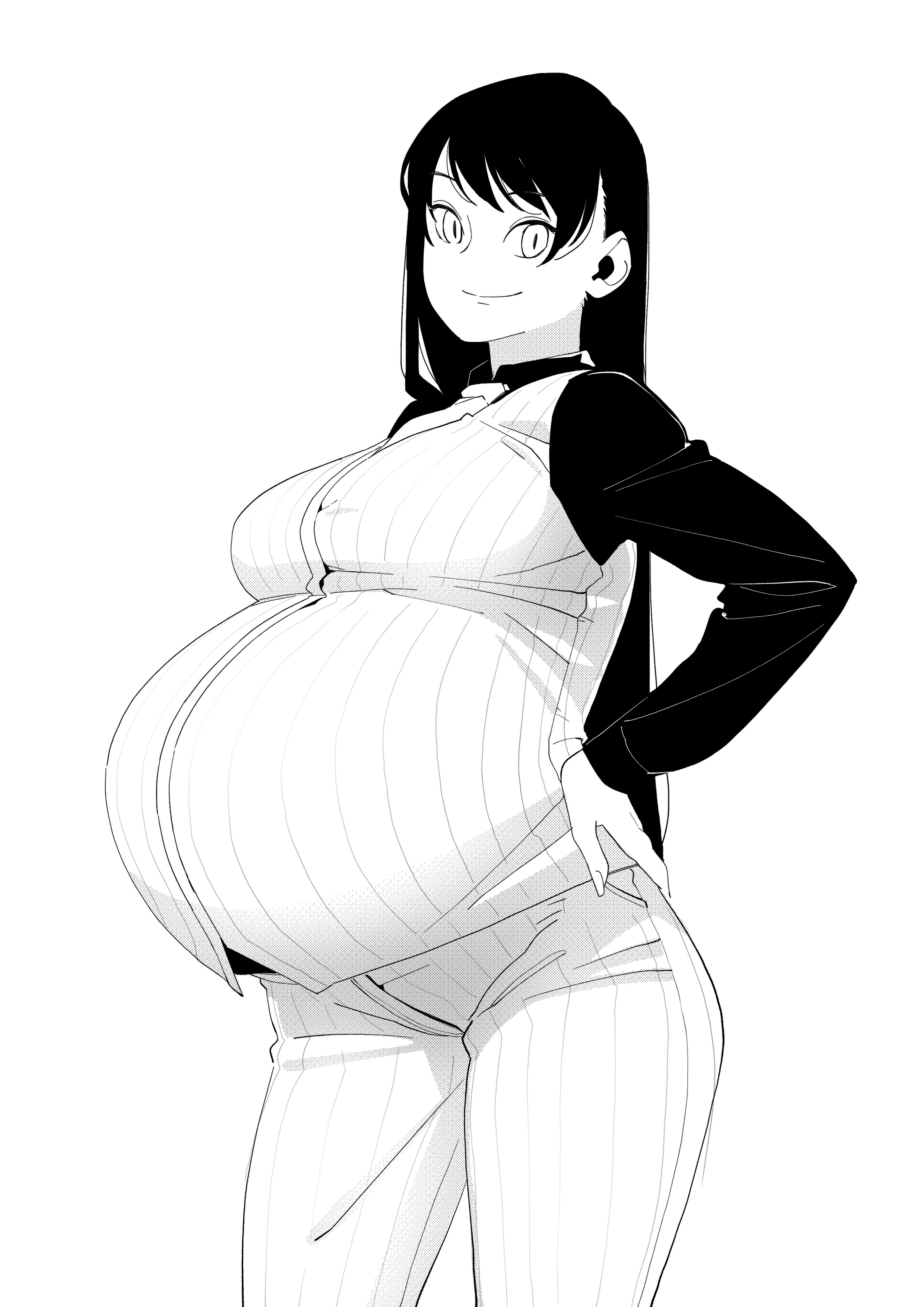 ibnu rusydi, tougen anki, absurdres, commentary, english commentary, highres, 1girl, breasts, closed mouth, collared shirt, cowboy shot, greyscale, hand on own hip, large breasts, looking at viewer, monochrome, pants, pregnant, shirt, simple background, smile, solo, standing, striped clothes, striped pants, striped vest, vertical-striped clothes, vertical-striped pants, vertical-striped vest, vest, white background
