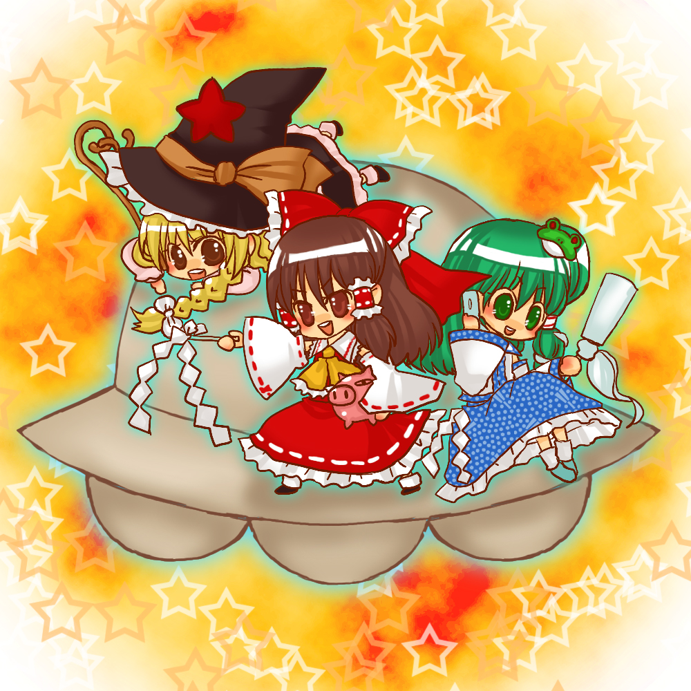 hani, seiza (kizunahayo), hakurei reimu, kirisame marisa, kochiya sanae, touhou, 3girls, blonde hair, bow, braid, brown eyes, brown hair, chibi, female focus, frog, gohei, green eyes, green hair, hat, multiple girls, piggy bank, red eyes, side braid, snake, ufo, witch, witch hat