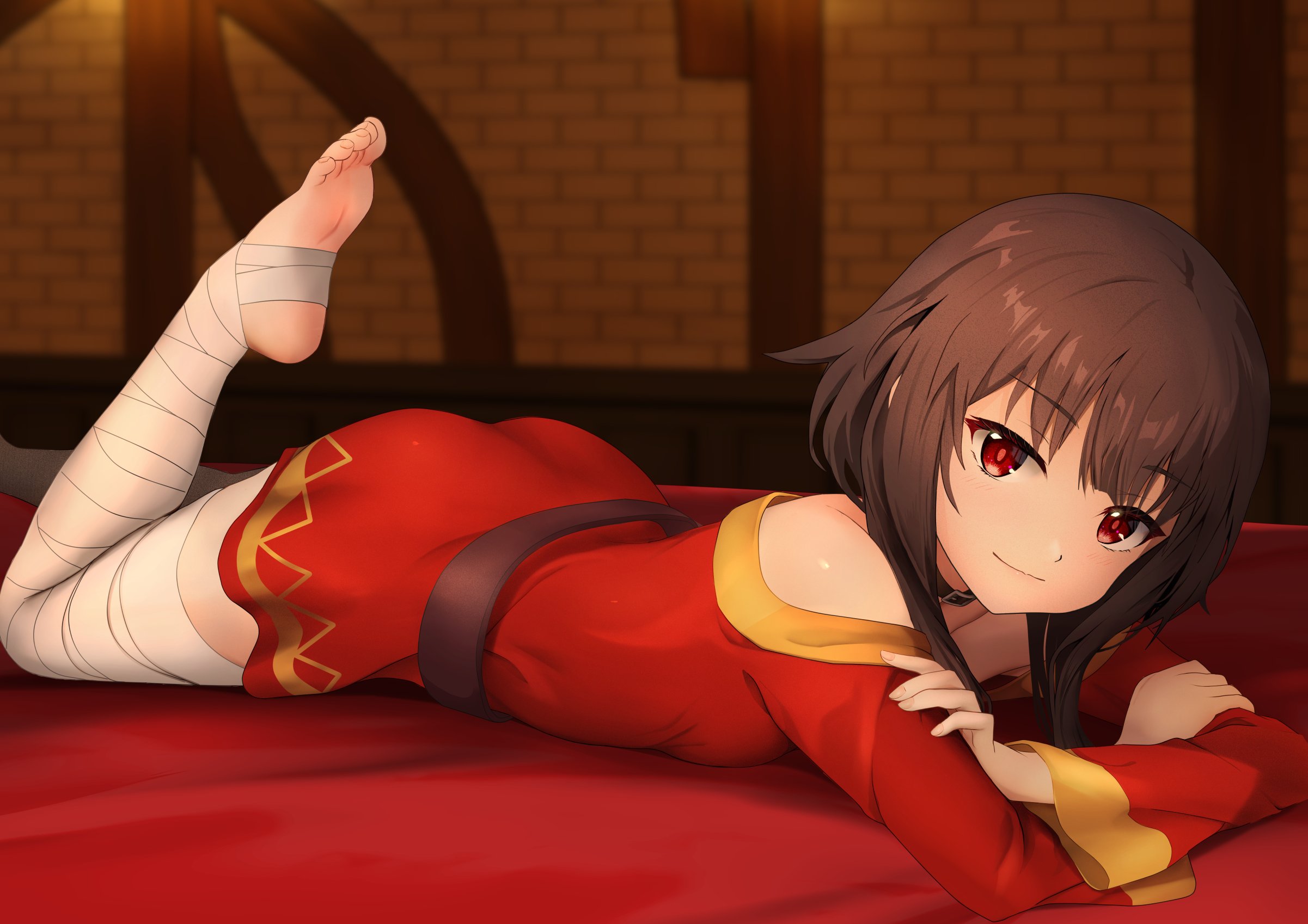 gibun (sozoshu), megumin, kono subarashii sekai ni shukufuku wo!, highres, 1girl, bandaged leg, bandages, bare shoulders, bed sheet, belt, breasts, brown belt, brown hair, closed mouth, collar, dress, feet, foot out of frame, foot up, gold trim, indoors, legs, long sleeves, looking at viewer, no shoes, off shoulder, on bed, red dress, red eyes, short dress, short hair with long locks, sidelocks, small breasts, smile, soles, solo, stirrup legwear, toeless legwear, toenails, toes