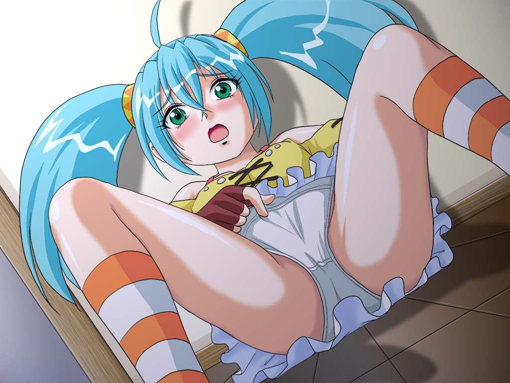 misaki runo, bakugan, bakugan battle brawlers, 00s, 1girl, blue hair, blush, embarrassed, female focus, fingerless gloves, gloves, green eyes, kneehighs, open mouth, panties, socks, solo, striped clothes, striped socks, twintails, underwear, white panties