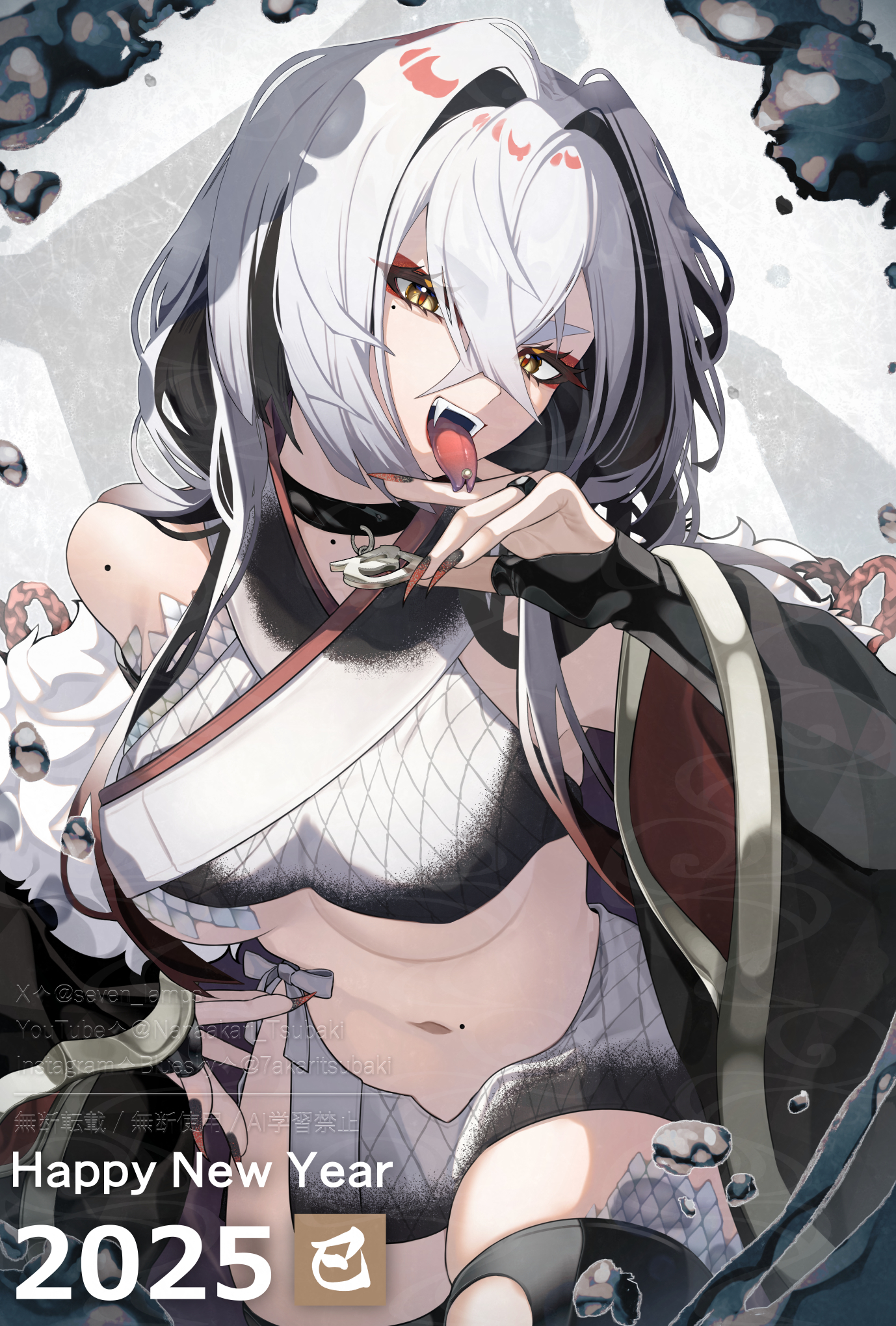 nanahi tsubaki, highres, 1girl, 2025, breasts, fangs, forked tongue, looking at viewer, midriff, mole, navel, piercing, smile, snake, tongue, tongue piercing, underboob
