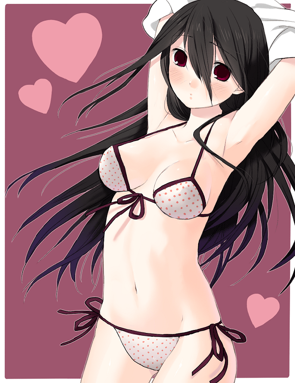 momo uzura, komori kiri, sayonara zetsubou sensei, bad id, bad pixiv id, 00s, 1girl, armpits, bikini, black hair, brown eyes, female focus, heart, long hair, polka dot, polka dot bikini, polka dot swimsuit, side-tie bikini bottom, solo, swimsuit, undressing, white bikini