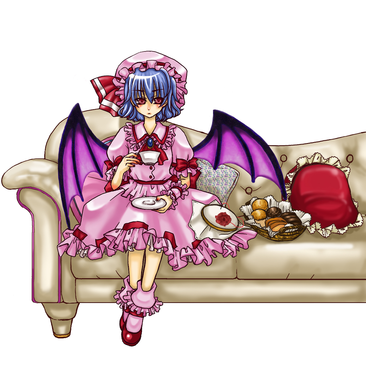 hani, seiza (kizunahayo), remilia scarlet, touhou, 1girl, bat wings, blue hair, female focus, hat, red eyes, short hair, solo, wings
