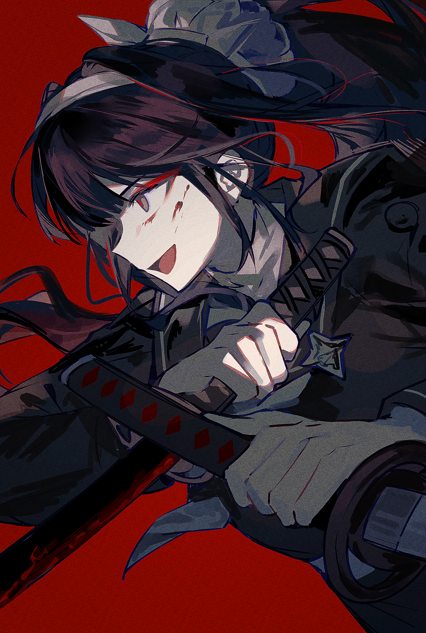 magadori kyoshika, the hundred line -last defense academy-, chinese commentary, commentary request, highres, 1girl, black hair, black shirt, blood, blood on face, dual wielding, film grain, grey eyes, hairband, holding, holding sword, holding weapon, last defense academy school uniform, long hair, mengyou yu, open mouth, ponytail, red background, red pupils, school uniform, shirt, simple background, smile, solo, sword, upper body, weapon, white hairband