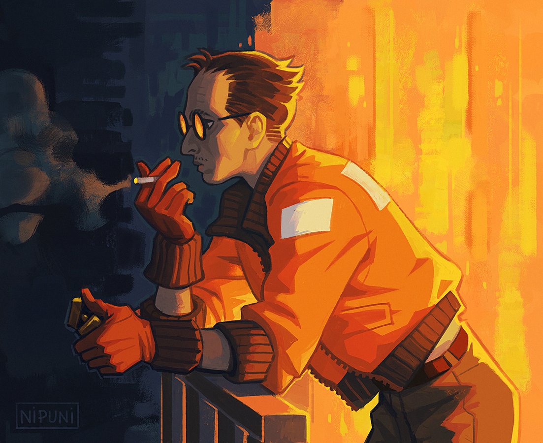 nipuni, kim kitsuragi, disco elysium, commentary, english commentary, 1boy, artist name, belt, black hair, bomber jacket, brown belt, cigarette, closed mouth, cowboy shot, facial hair, from side, glasses, gloves, grey pants, holding, holding cigarette, holding lighter, jacket, leaning, lighter, male focus, mustache, on railing, orange gloves, orange jacket, pants, railing, round eyewear, shirt, short hair, smoke, smoke trail, smoking, solo, tinted eyewear, unzipped, white shirt, yellow-tinted eyewear