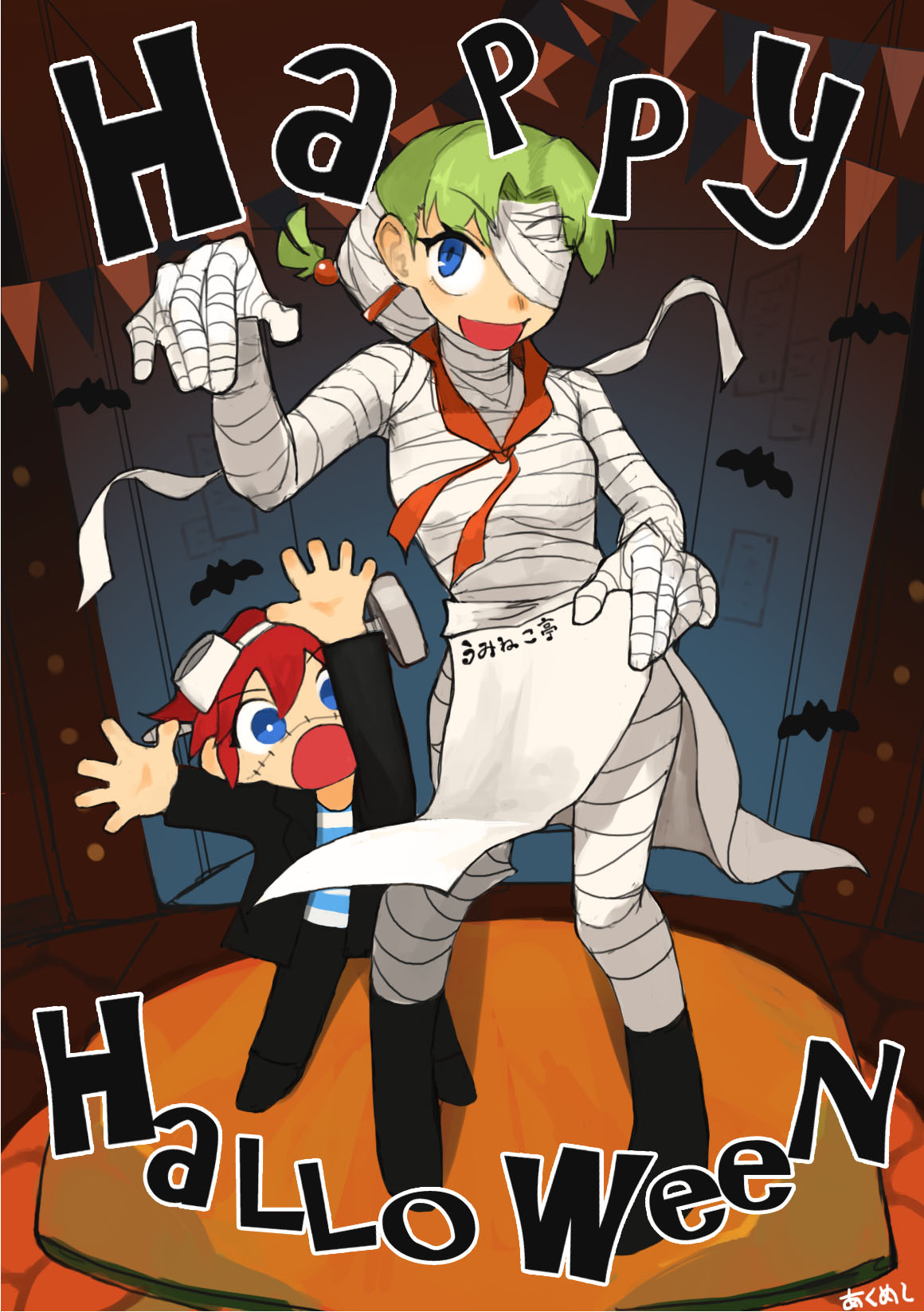 akumesik, justin (grandia), lily (grandia), grandia, grandia i, highres, 1boy, 1girl, blue eyes, earrings, full body, green hair, halloween, halloween costume, happy halloween, jewelry, long hair, looking at viewer, mother and son, mummy costume, open mouth, shirt, smile, striped clothes, striped shirt