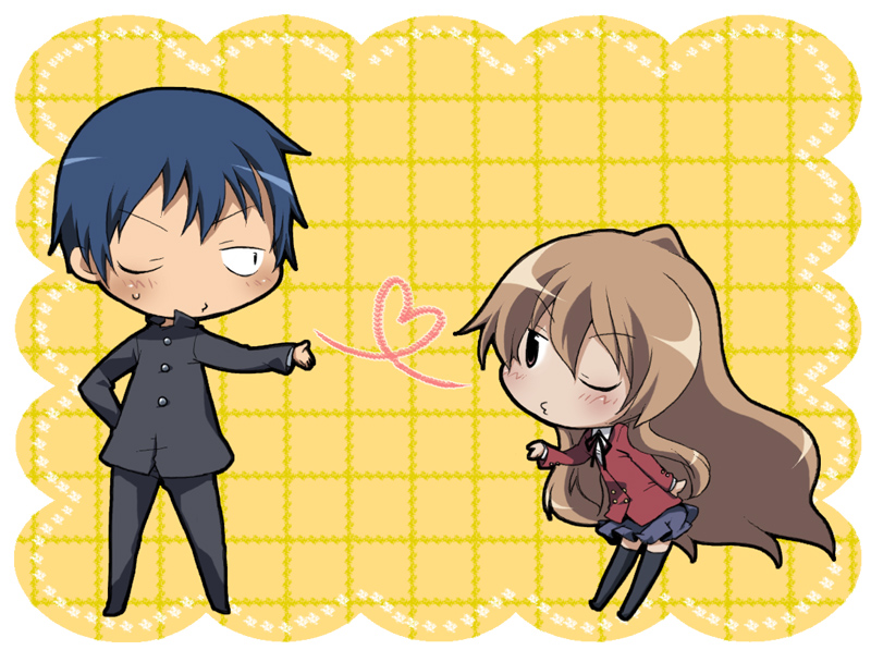 rikuta, aisaka taiga, takasu ryuuji, toradora!, 00s, 1boy, 1girl, blowing kiss, blue hair, brown eyes, brown hair, chibi, heart, heart of string, long hair, one eye closed, school uniform, short hair, skirt, thighhighs, wink, zettai ryouiki