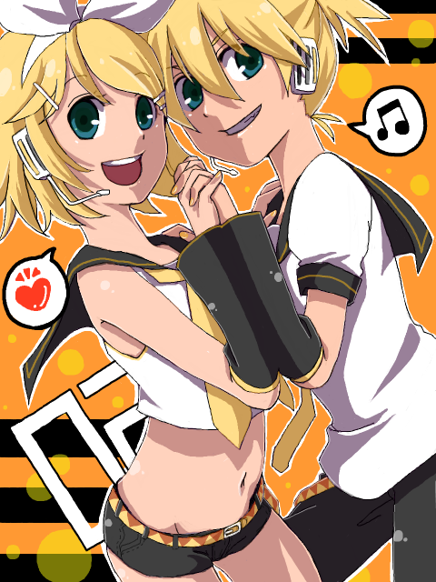 hiiro (kikokico), kiko, kagamine len, kagamine rin, vocaloid, bad id, bad pixiv id, 1boy, 1girl, aqua eyes, beamed quavers, blonde hair, brother and sister, detached sleeves, headphones, heart, musical note, navel, necktie, siblings, speech bubble, spoken heart, spoken musical note, twins