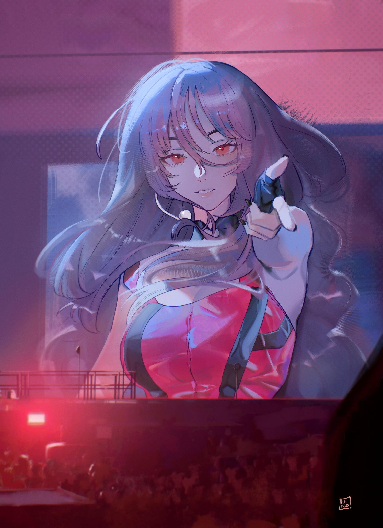 ninochuu, karina (aespa), mori calliope, aespa, hololive, hololive english, highres, photo-referenced, 1girl, black gloves, black nails, cosplay, eyelashes, fingerless gloves, gloves, karina (aespa) (cosplay), long hair, looking at viewer, pink hair, pink shirt, pointing, pointing at viewer, red eyes, shirt, virtual youtuber
