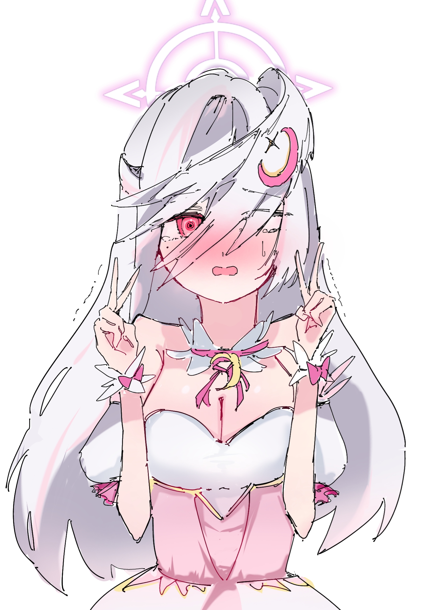 suzumi (blue archive), suzumi (magical) (blue archive), blue archive, commentary request, highres, korean commentary, 1girl, :o, alternate breast size (larger), breasts, bustier, cleavage, covering face, crescent, crescent hair ornament, double v, dress, embarrassed, gunbam (breadskyo), hair intakes, hair ornament, halo, head wings, long hair, looking at viewer, magical girl, medium breasts, mole, mole under eye, official alternate costume, pink dress, pink eyes, purple halo, red eyes, shy, simple background, single head wing, solo, underbust, v, very long hair, wavy hair, white background, white hair, wings
