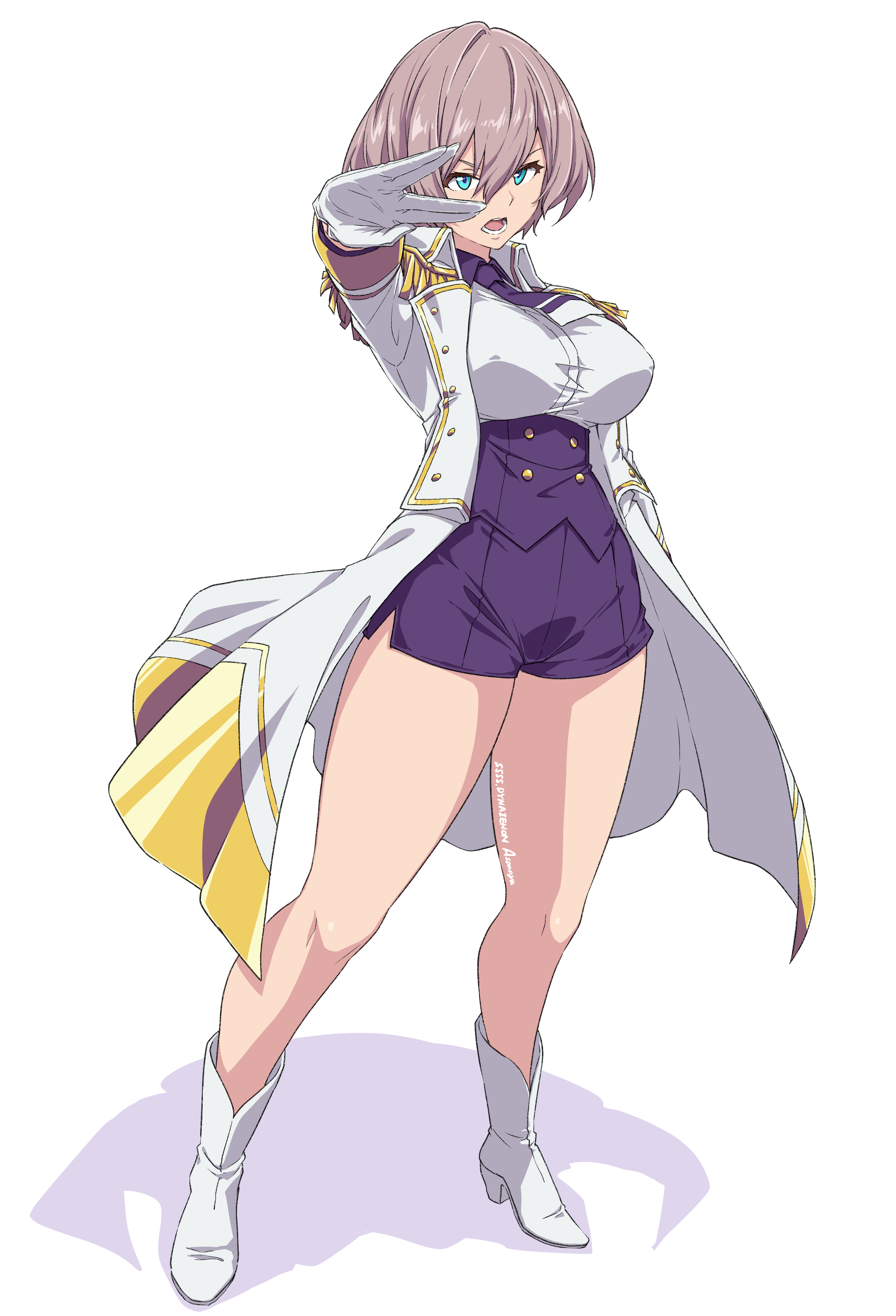 asanaya, mujina, gridman universe, ssss.dynazenon, absurdres, commentary request, highres, 1girl, blue eyes, boots, breasts, corset, full body, gloves, grey hair, hair between eyes, jacket, large breasts, looking at viewer, military jacket, necktie, open mouth, purple corset, purple necktie, purple shorts, red eyes, short hair, short necktie, shorts, simple background, skindentation, solo, teeth, thick thighs, thighs, underbust, v-shaped eyebrows, white background, white boots, white gloves, white jacket