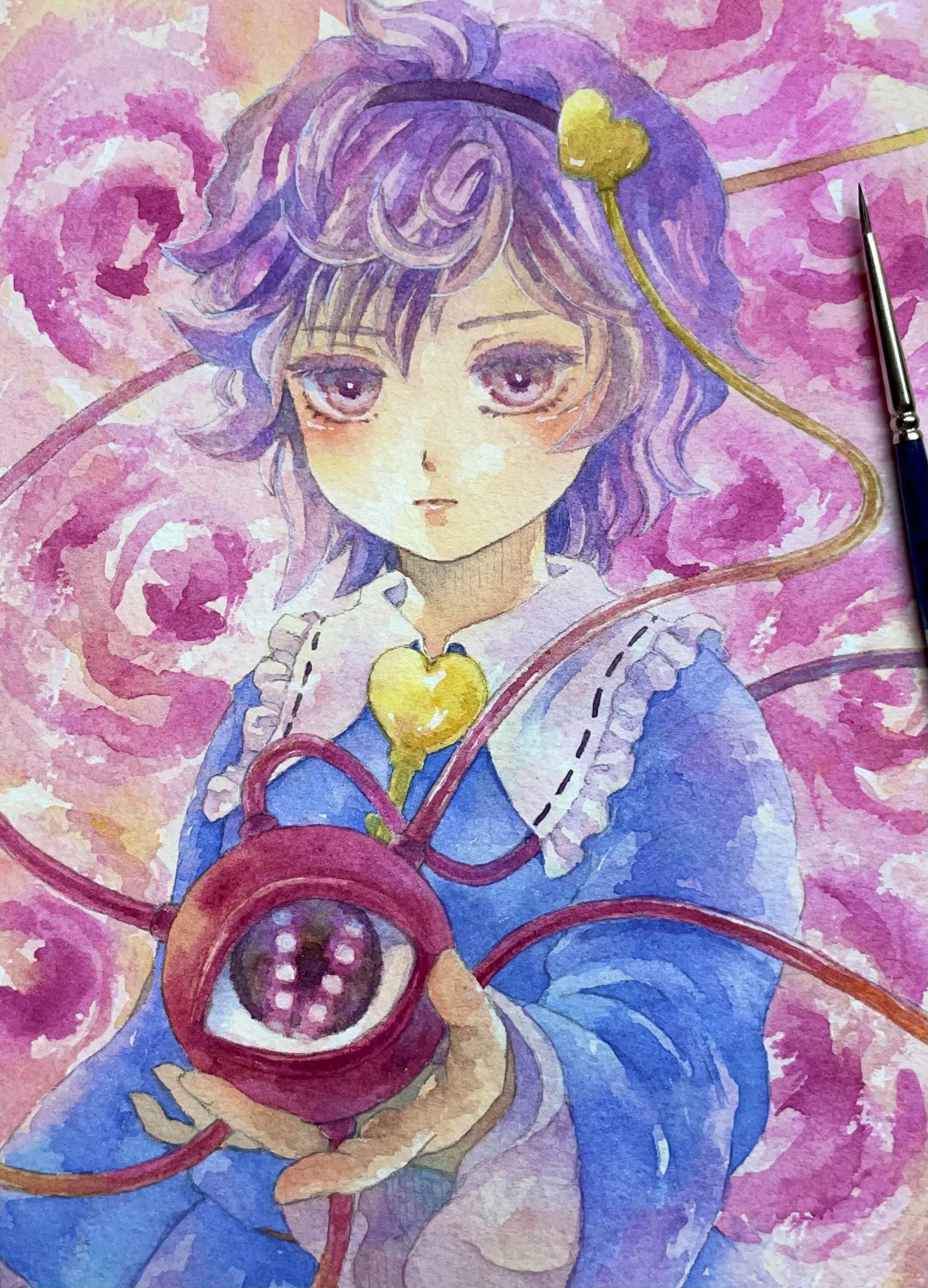 shiroma (mamiko), komeiji satori, touhou, absurdres, commentary request, highres, tagme, traditional media, 1girl, floral background, purple eyes, purple hair, solo, third eye, upper body