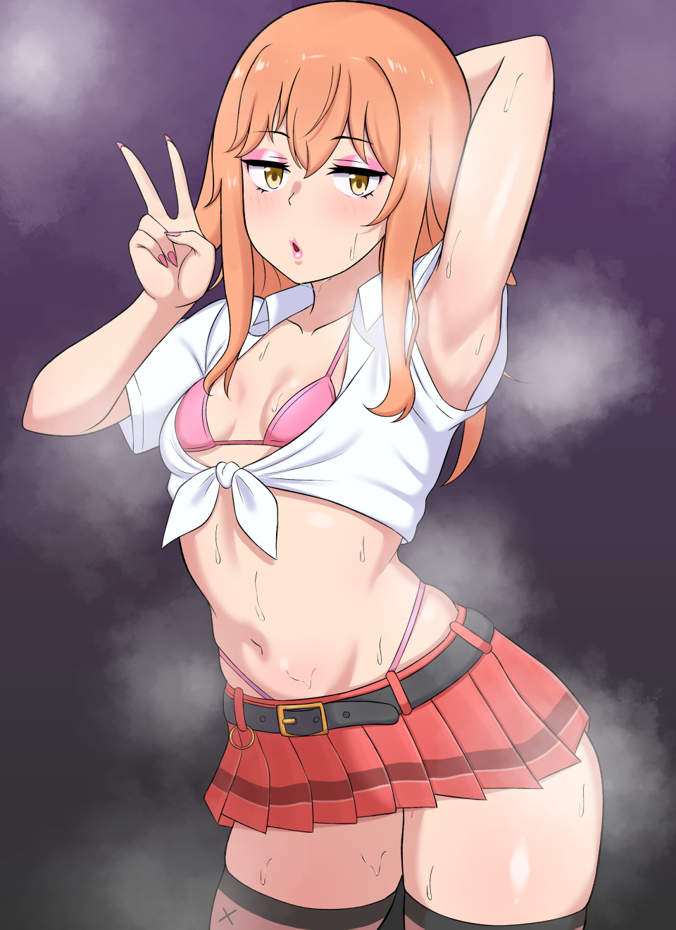 moratorium24yo, original, highres, 1girl, amesuku gyaru, arm up, armpits, belt, bikini, black belt, black thighhighs, breasts, brown eyes, brown hair, collarbone, collared shirt, cowboy shot, eyeshadow, gradient background, grey background, gyaru, hair between eyes, hand up, highleg, highleg bikini, jitome, kogal, long hair, looking at viewer, makeup, microskirt, midriff, navel, open mouth, pink bikini, pink lips, pleated skirt, presenting armpit, purple background, red skirt, shirt, sidelocks, skindentation, skirt, small breasts, solo, steaming body, stomach, sweat, sweatdrop, swimsuit, thighhighs, thighs, tied shirt, v