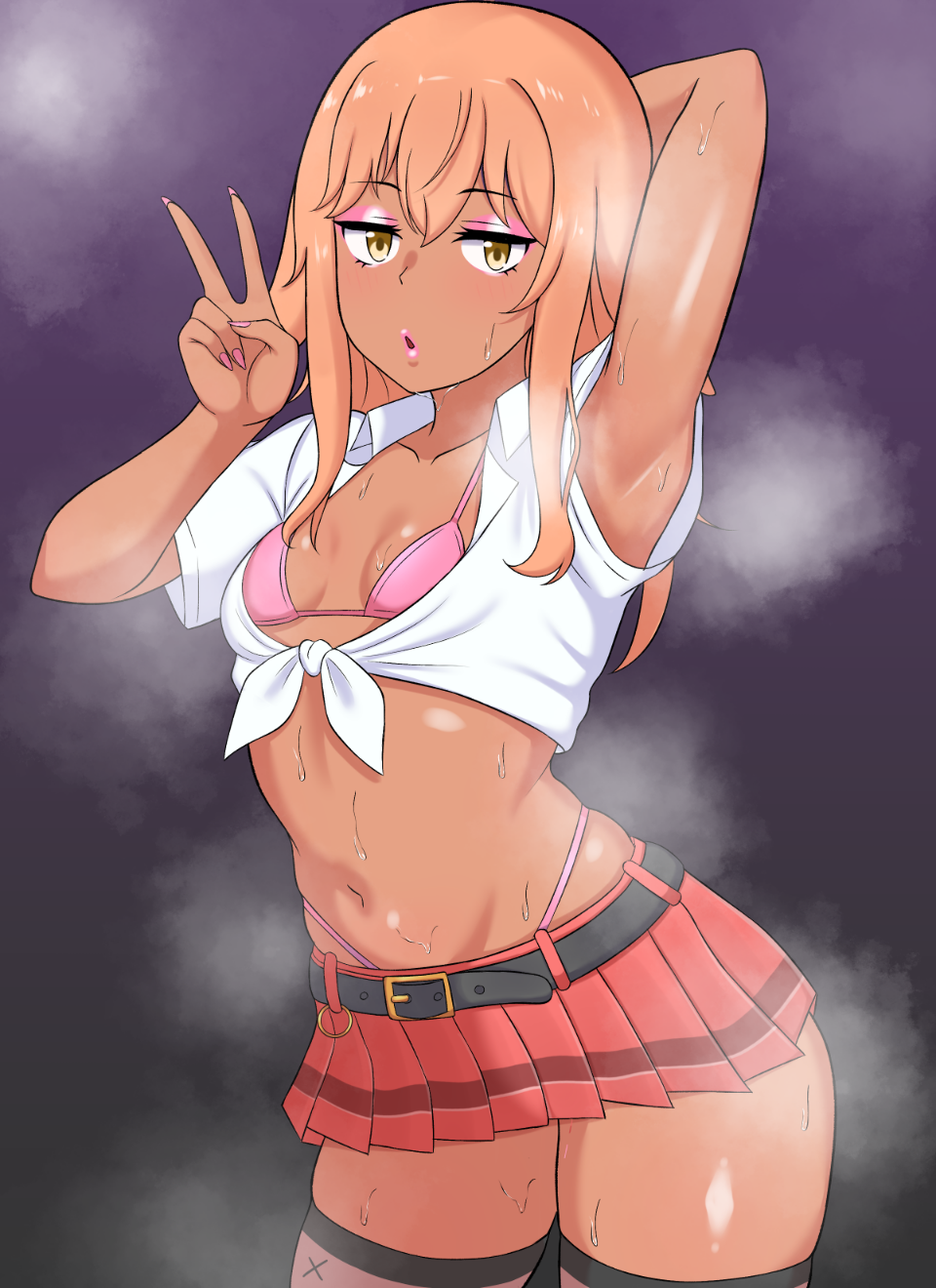 moratorium24yo, original, highres, 1girl, amesuku gyaru, arm up, armpits, belt, bikini, black belt, black thighhighs, breasts, brown eyes, brown hair, collarbone, collared shirt, cowboy shot, eyeshadow, gradient background, grey background, gyaru, hair between eyes, hand up, highleg, highleg bikini, jitome, kogal, long hair, looking at viewer, makeup, microskirt, midriff, navel, open mouth, pink bikini, pink lips, pleated skirt, presenting armpit, purple background, red skirt, shirt, sidelocks, skindentation, skirt, small breasts, solo, steaming body, stomach, sweat, sweatdrop, swimsuit, tan, thighhighs, thighs, tied shirt, v