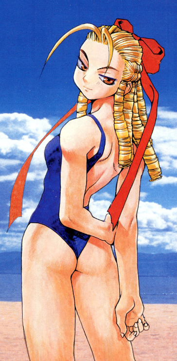masahiko nakahira, nakahira masahiko, kanzuki karin, capcom, street fighter, street fighter zero (series), 1990s (style), 1girl, antenna hair, ass, back, beach, blonde hair, brown eyes, day, female focus, hair ribbon, hair slicked back, ocean, one-piece swimsuit, retro artstyle, ribbon, ringlets, solo, swimsuit