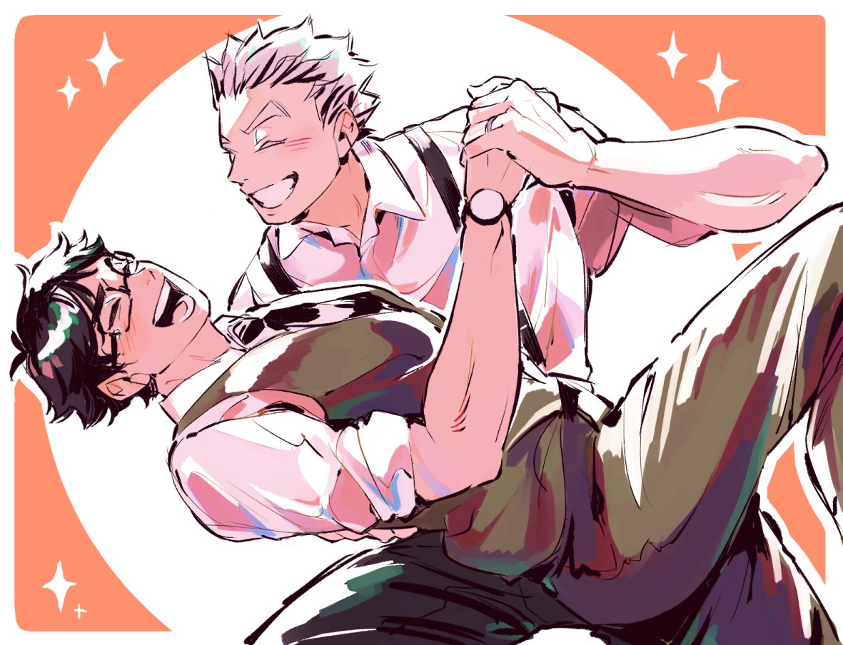 yanghinataboke, akaashi keiji, bokuto koutarou, haikyuu!!, commentary, english commentary, 2boys, arm up, black-framed eyewear, black hair, black necktie, black pants, border, glasses, grey hair, grin, holding hands, jewelry, male focus, multiple boys, necktie, open mouth, pants, ring, shirt, short hair, short sleeves, sleeves rolled up, smile, sparkle, spiked hair, teeth, vest, watch, white border, white shirt, wristwatch, yaoi
