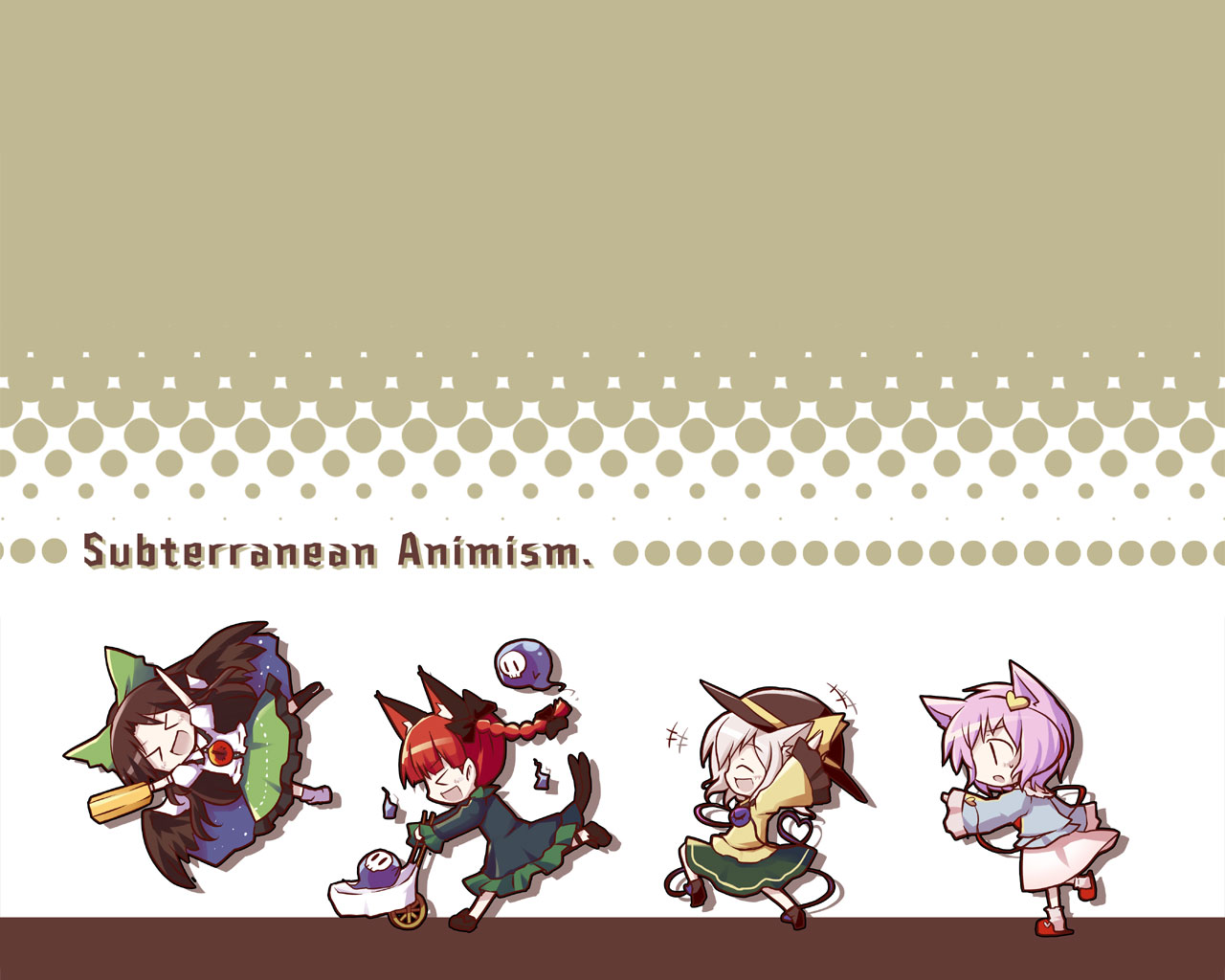 dorua (dollar), kaenbyou rin, komeiji koishi, komeiji satori, reiuji utsuho, subterranean animism, touhou, 4girls, animal ears, arm cannon, arms up, black hair, cat ears, cat girl, female focus, floating, flying, ghost, long sleeves, multiple girls, pink hair, puffy short sleeves, puffy sleeves, red hair, short hair, short sleeves, weapon