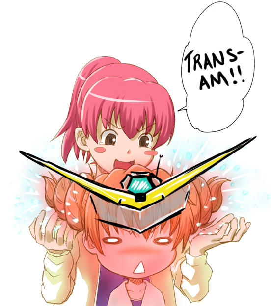 aisaka taiga, kushieda minori, gundam, gundam 00, toradora!, 2girls, :d, black eyes, blush, blush stickers, full-face blush, multiple girls, o o, open mouth, parody, pink hair, ponytail, simple background, smile, tearing up, triangle mouth, upper body, white background