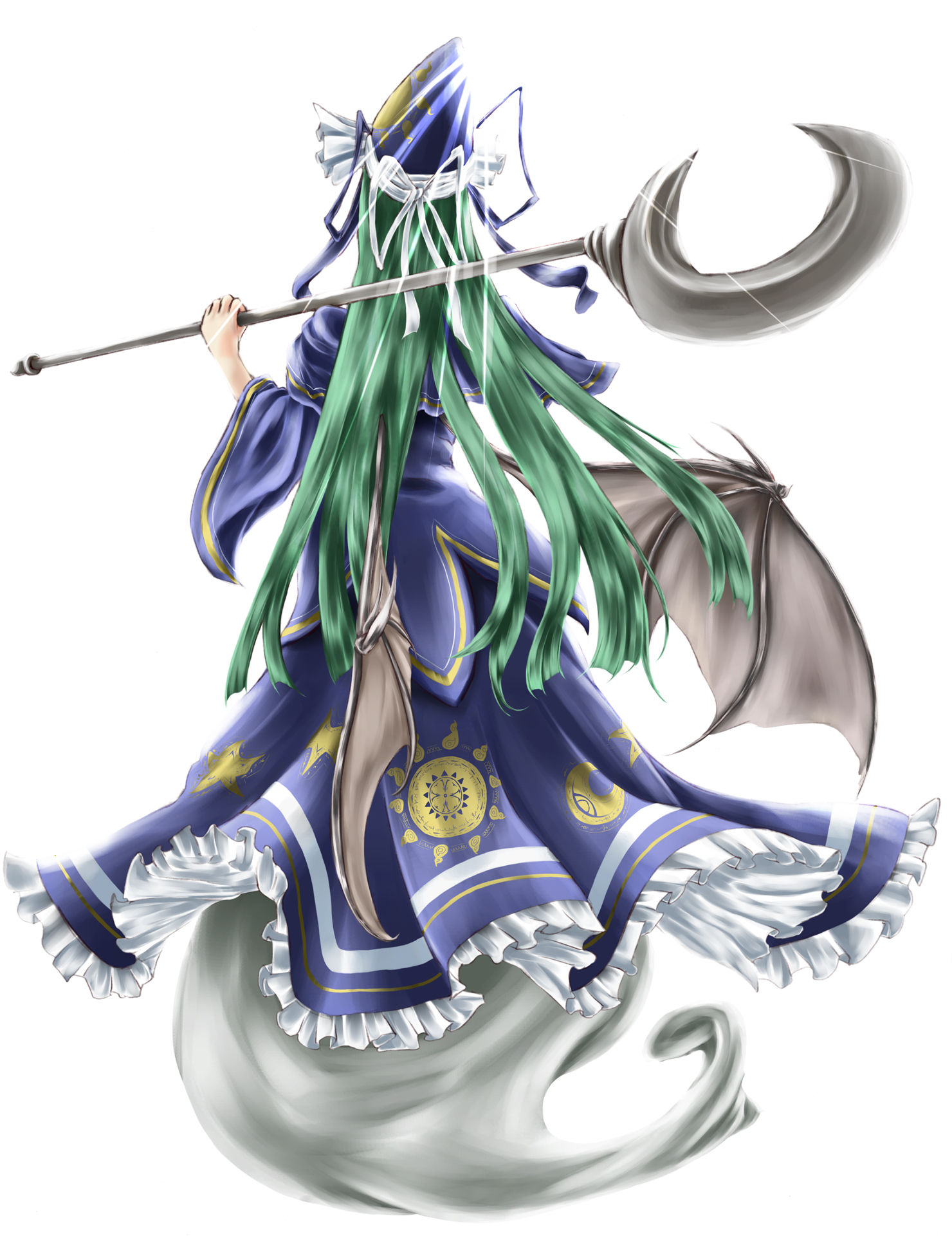 r0g0b0, mima (touhou), touhou, touhou (pc-98), bad id, bad pixiv id, highres, 1girl, bow, female focus, full body, green hair, hat, solo, staff, white background, wings, wizard hat