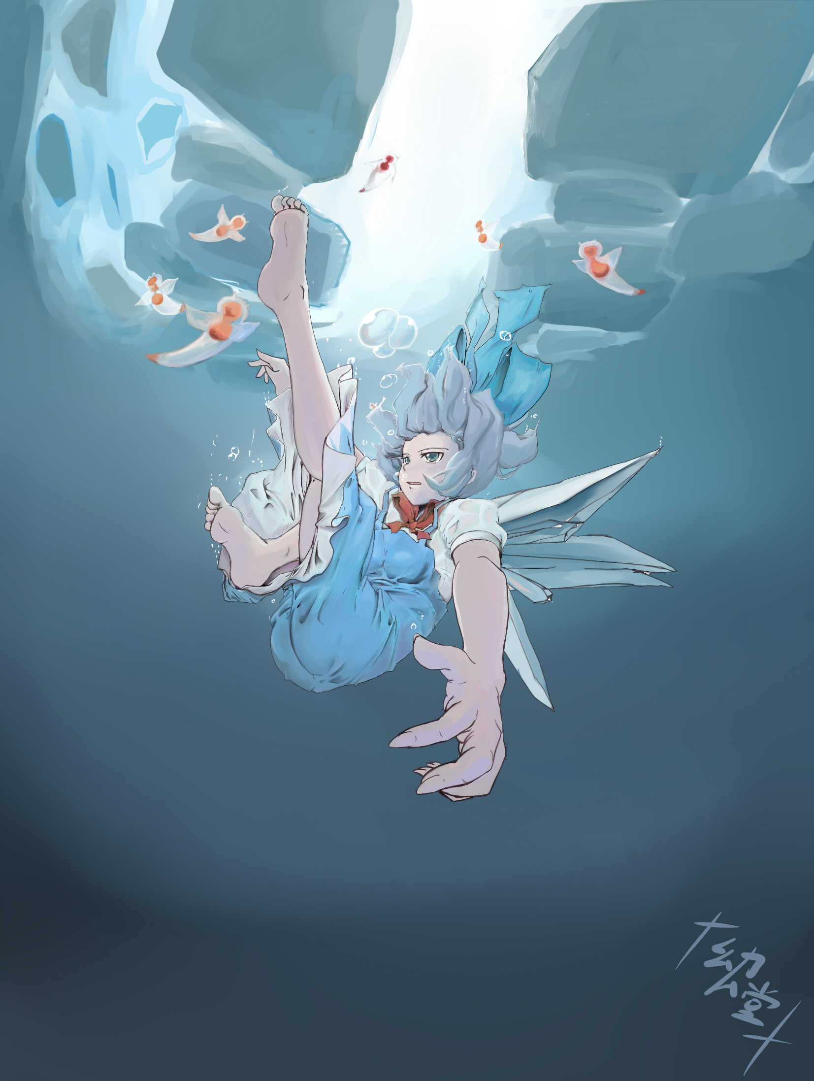 haguruma kujira, cirno, embodiment of scarlet devil, touhou, highres, 1girl, barefoot, dress, feet, female focus, foreshortening, gradient background, ice, solo, underwater, wet, wet clothes