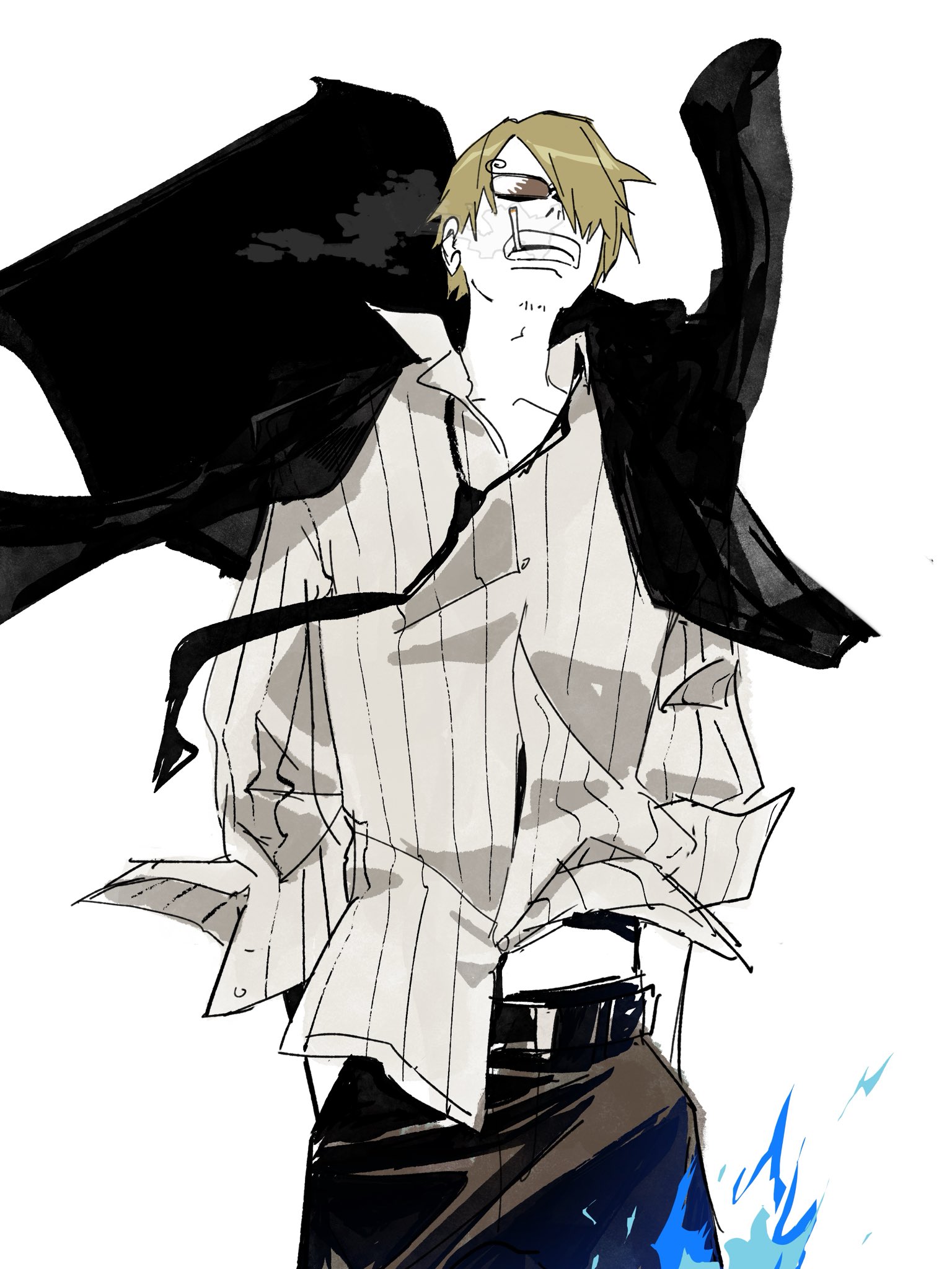 edpan, sanji (one piece), one piece, commentary, english commentary, highres, 1boy, belt, belt buckle, black belt, black jacket, black necktie, black pants, blonde hair, buckle, cigarette, clenched teeth, collared shirt, hands in pockets, jacket, jacket on shoulders, long sleeves, male focus, midriff peek, necktie, open collar, pants, parted bangs, pinstripe pattern, pinstripe shirt, shirt, short hair, sleeve cuffs, smoking, solo, sunglasses, teeth, white shirt