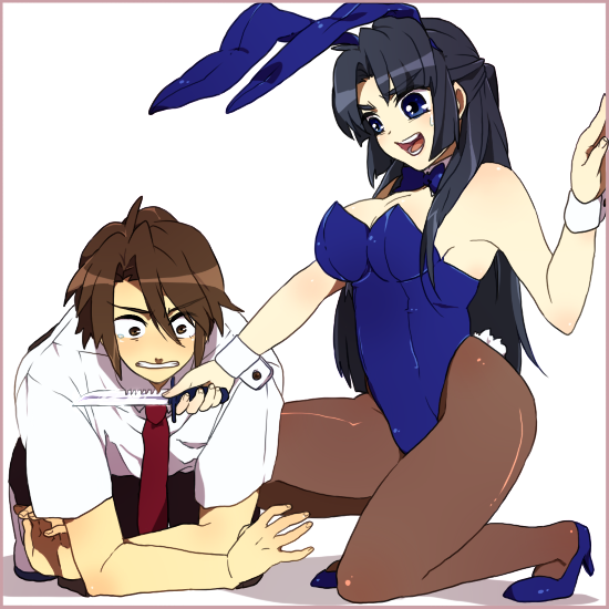 tashimo, asakura ryoko, koizumi itsuki, suzumiya haruhi no yuuutsu, 00s, 1boy, 1girl, angry, animal ears, blue eyes, blue hair, breasts, cleavage, fake animal ears, knife, large breasts, long hair, pantyhose, playboy bunny, rabbit ears, school uniform