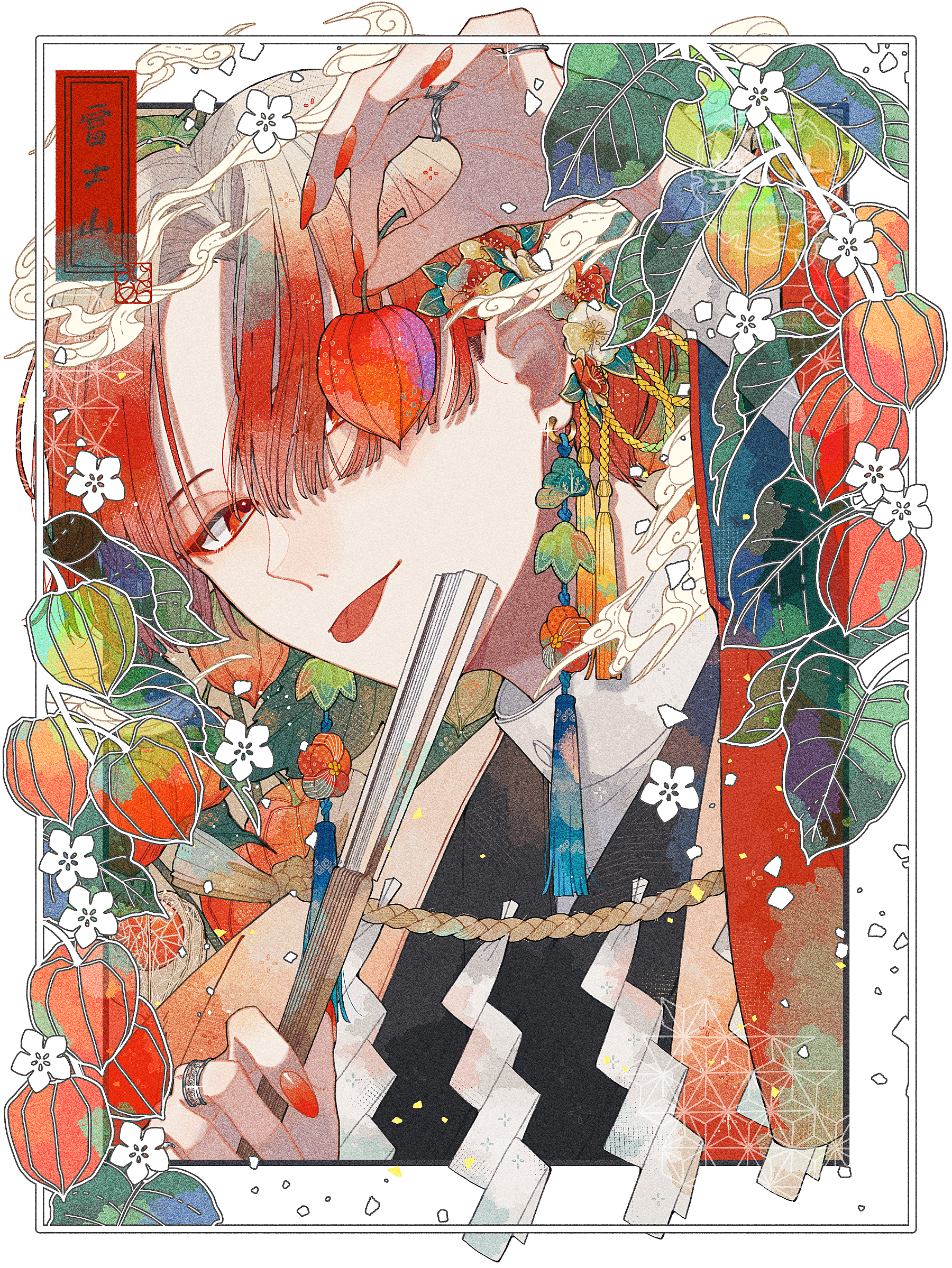 shira mame93, original, highres, 1boy, border, chinese lantern (plant), folded fan, folding fan, hair over one eye, hand fan, holding, holding fan, inset border, long sleeves, looking at viewer, male focus, nail polish, ornate border, outside border, red eyes, red hair, red nails, rope, shide, shimenawa, solo, tongue, tongue out, white border