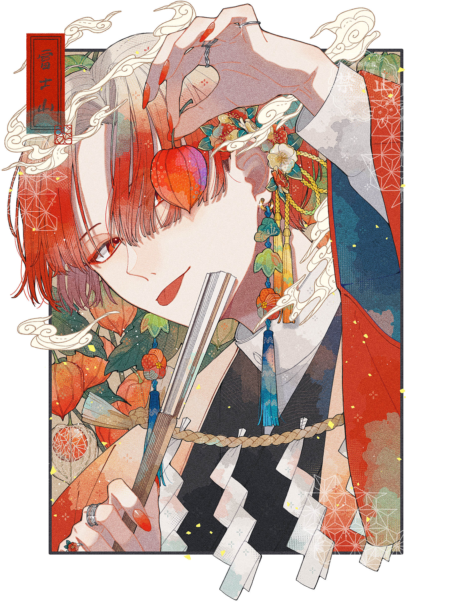 shira mame93, original, highres, 1boy, border, chinese lantern (plant), folded fan, folding fan, hair over one eye, hand fan, holding, holding fan, long sleeves, looking at viewer, male focus, nail polish, outside border, red eyes, red hair, red nails, rope, shide, shimenawa, solo, tongue, tongue out, white border