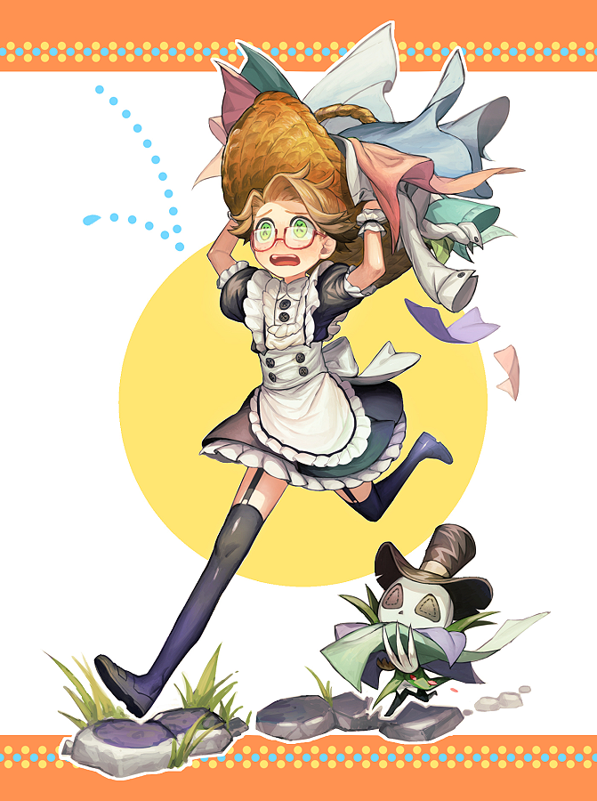 lucky guy, lucky guy (maid outfit), identity v, 1boy, apron, back bow, black dress, black thighhighs, bow, brown hair, character doll, cross-shaped pupils, crossdressing, crossdressing (mtf), doll, dress, floating clothes, freckles, frilled wrist cuffs, frills, fubuaku, full body, garter straps, green eyes, hair intakes, laundry, laundry basket, light blush, looking ahead, maid, maid apron, male focus, male maid, mary janes, mini jack, official alternate costume, open mouth, puffy sleeves, red-framed eyewear, rock, running, semi-rimless eyewear, shoes, symbol-shaped pupils, thighhighs, wrist cuffs