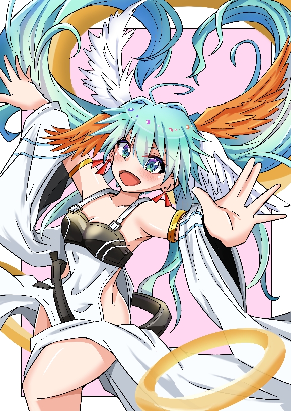 bakuma, tama (wixoss), wixoss, 1girl, ahoge, blue eyes, blue hair, blush, detached sleeves, dress, head wings, long hair, looking at viewer, open mouth, sleeveless, sleeveless dress, smile, solo, very long hair, white dress, white sleeves, wings