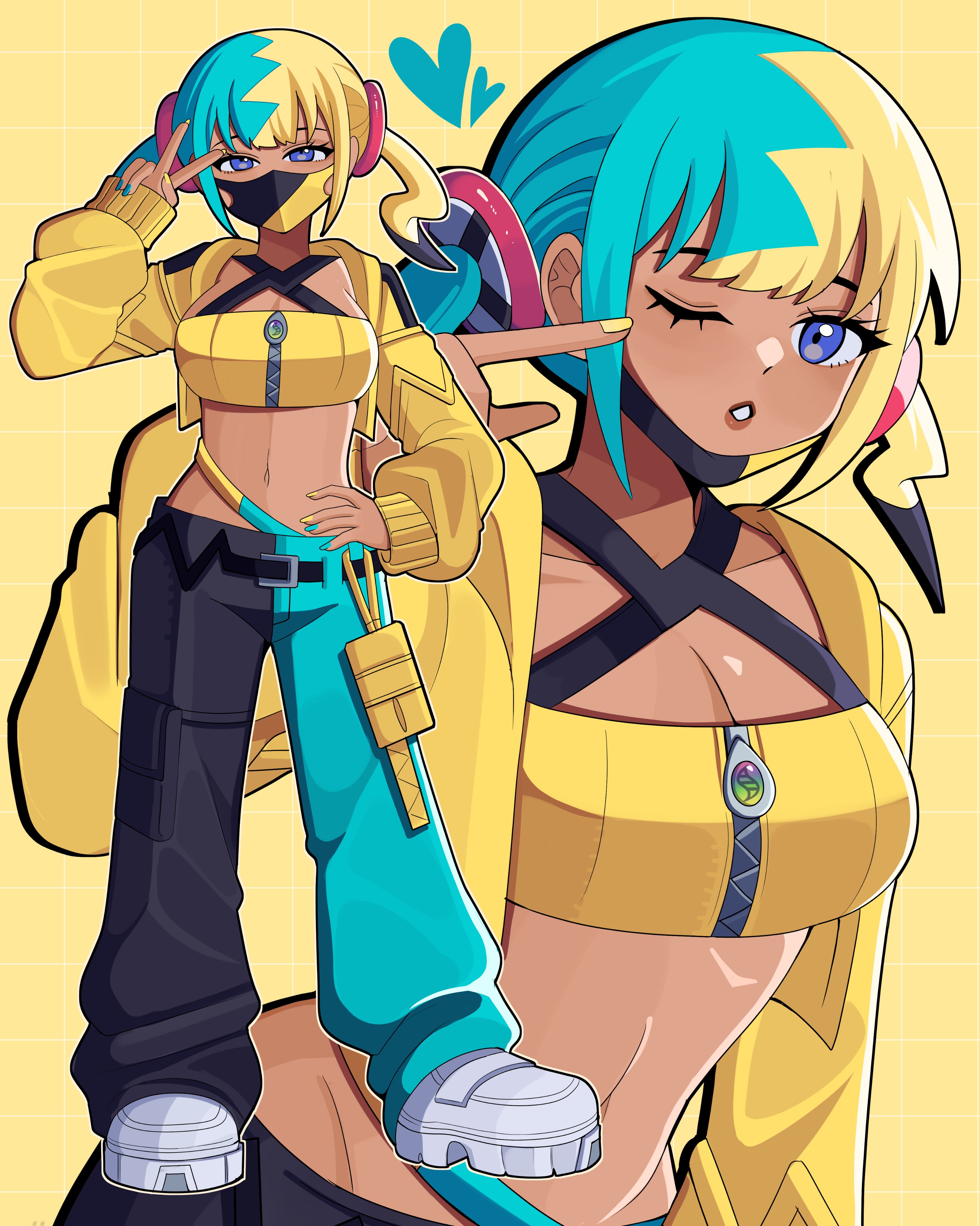 bobamiruku, canari (pokemon), nintendo, pokemon, pokemon legends: z-a, absurdres, highres, 1girl, aqua hair, bag, bandeau, belt, black mask, blonde hair, breasts, cleavage, criss-cross halter, crop top, cropped jacket, curly sidelocks, dark-skinned female, dark skin, fake hair bun, halterneck, handbag, heart, jacket, large breasts, mask, mask pull, mega ring, mega stone, midriff, mouth mask, multicolored hair, navel, one eye closed, pants, shoes, solo, split-color hair, stomach, teeth, twintails, two-tone hair, two-tone mask, yellow bandeau, yellow jacket, yellow mask, zipper