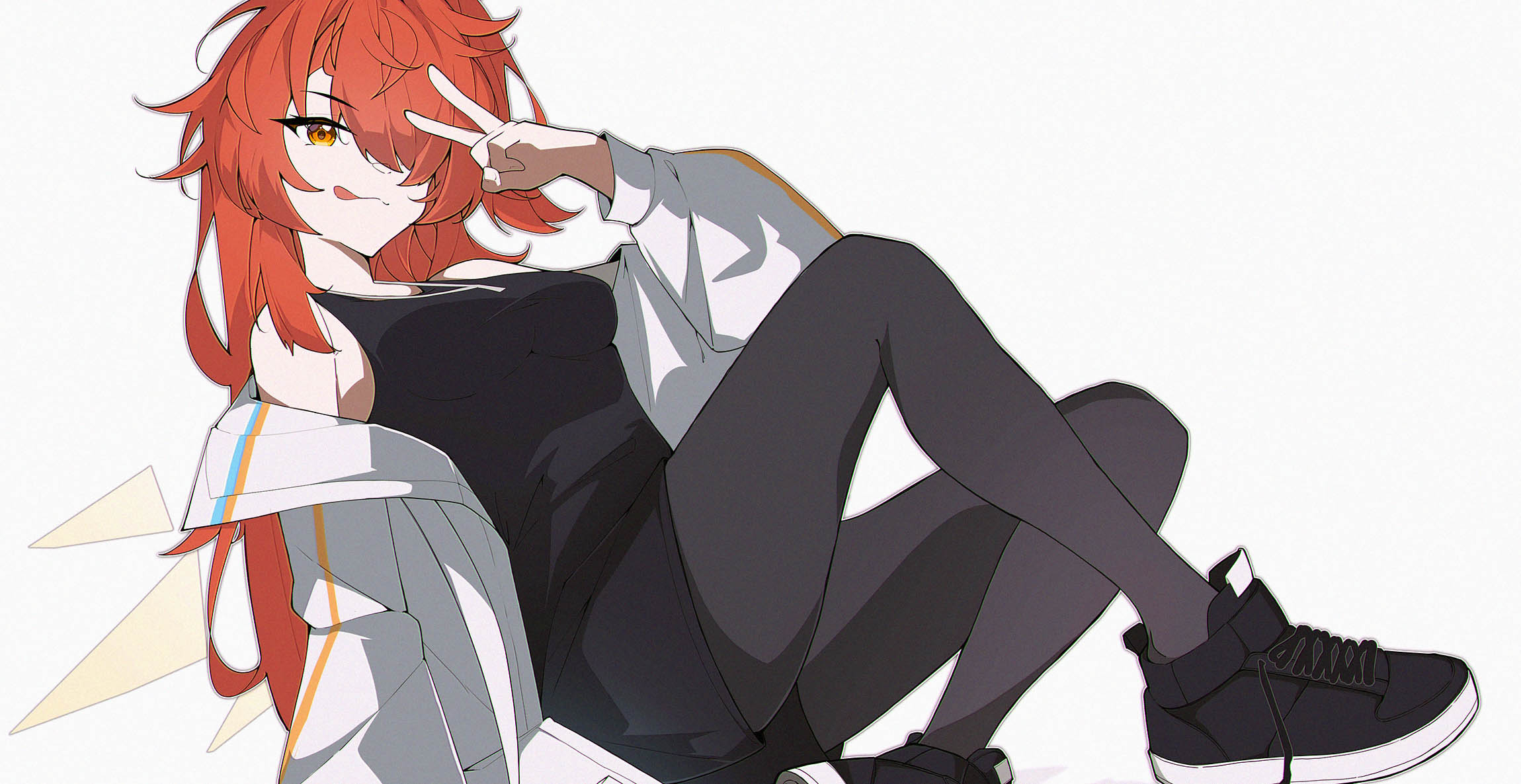 postalworks, exusiai (arknights), arknights, commentary, highres, 1girl, black pantyhose, black shirt, black shorts, breasts, hair over one eye, jacket, long hair, looking at viewer, medium breasts, orange eyes, pantyhose, shirt, short shorts, shorts, simple background, solo, tongue, tongue out, v, white background, white jacket